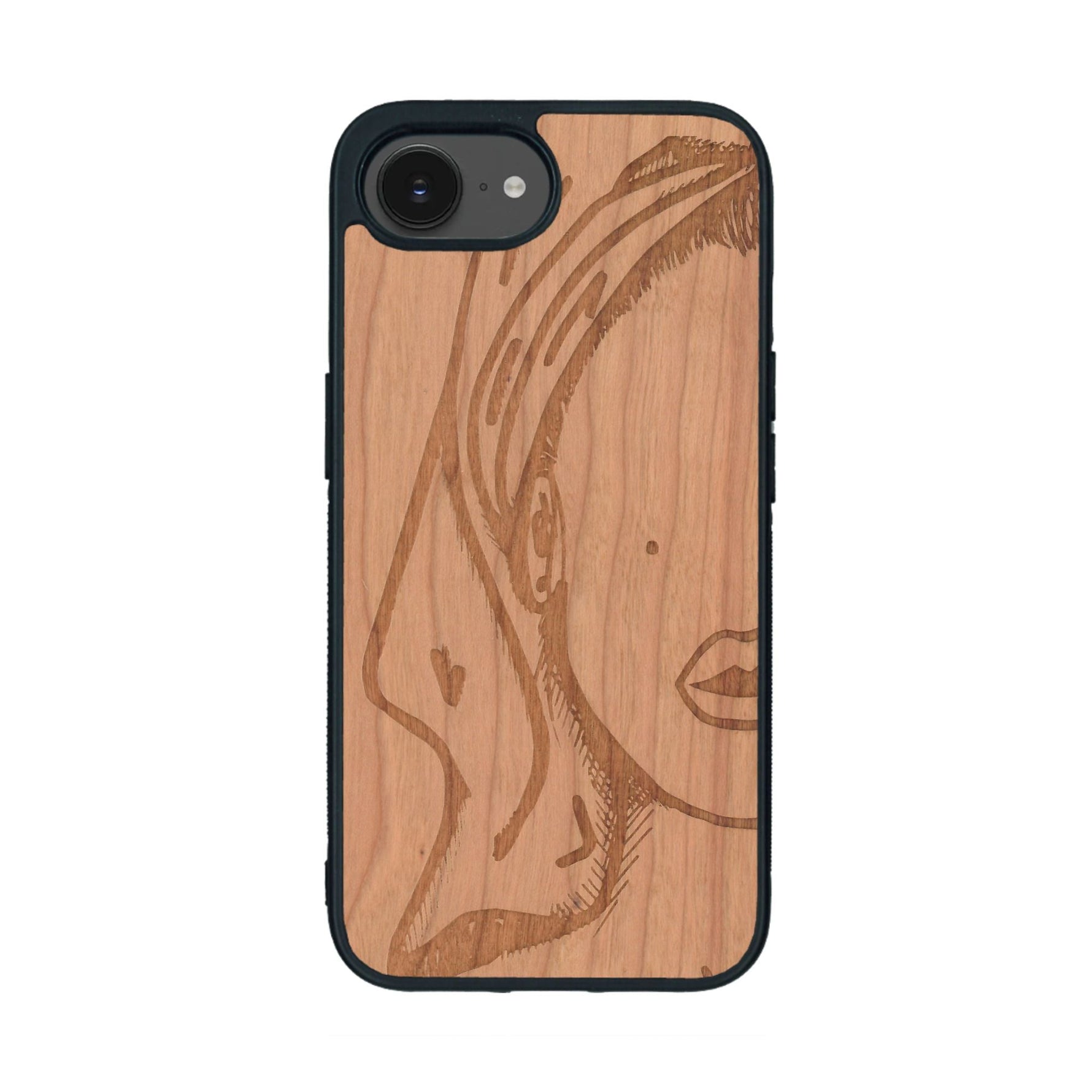 Coque de protection en bois véritable fabriquée en France pour iPhone 16e représentant une silhouette féminine épurée de type line art en collaboration avec l'artiste Maud Dabs