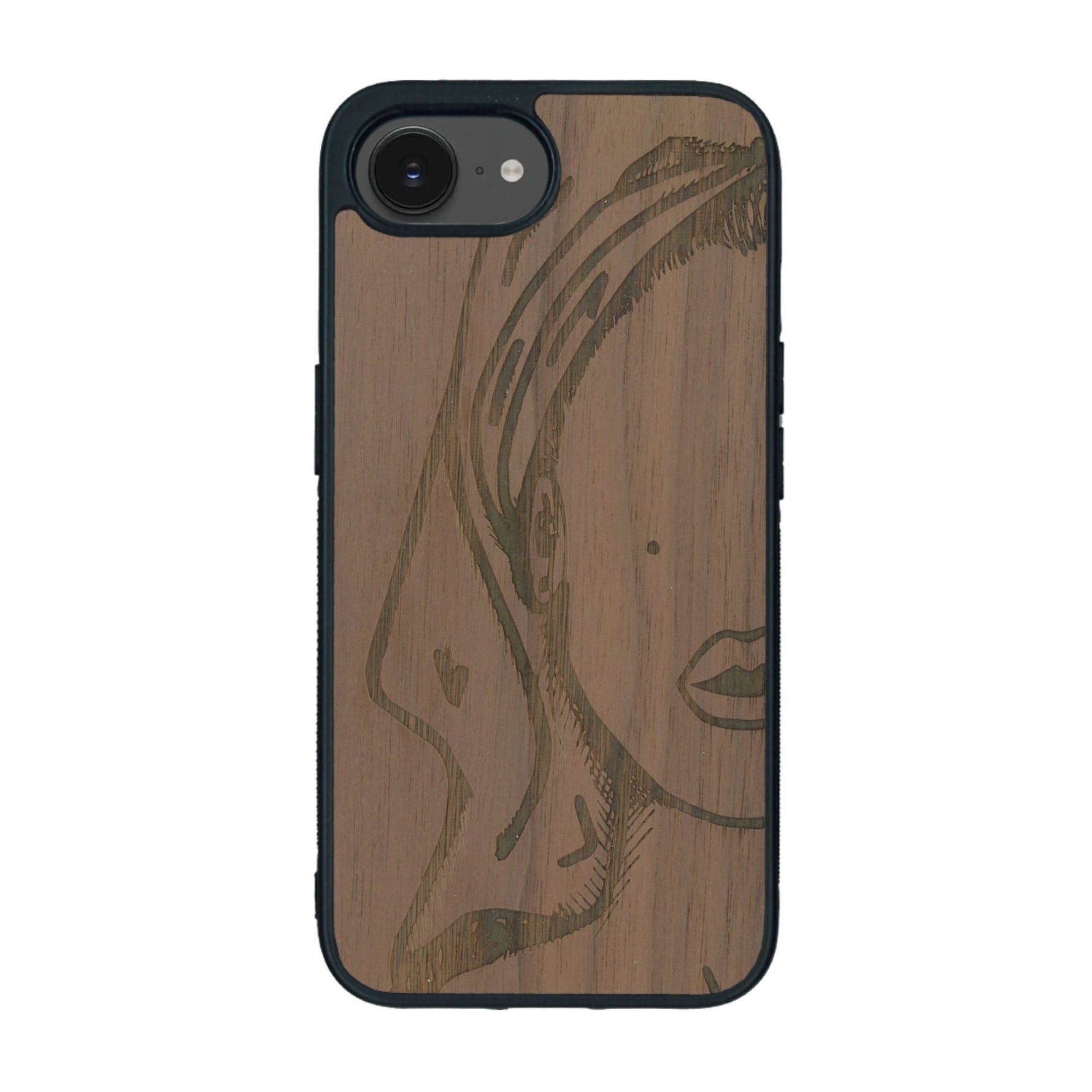 Coque de protection en bois véritable fabriquée en France pour iPhone 16e représentant une silhouette féminine épurée de type line art en collaboration avec l'artiste Maud Dabs