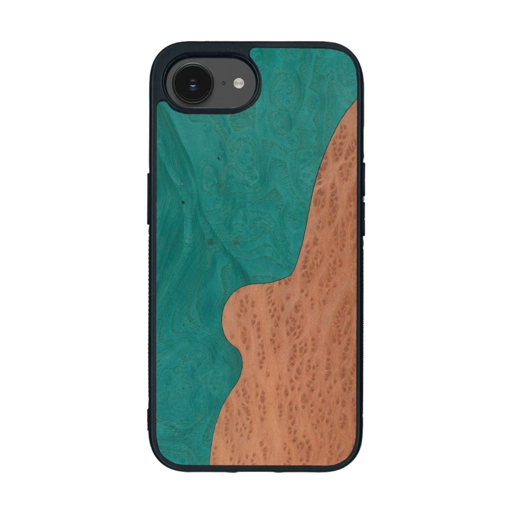 Coque de protection en bois véritable fabriquée en France pour iPhone 16e alliant plusieurs essences de bois pour représenter une plage paradisiaque
