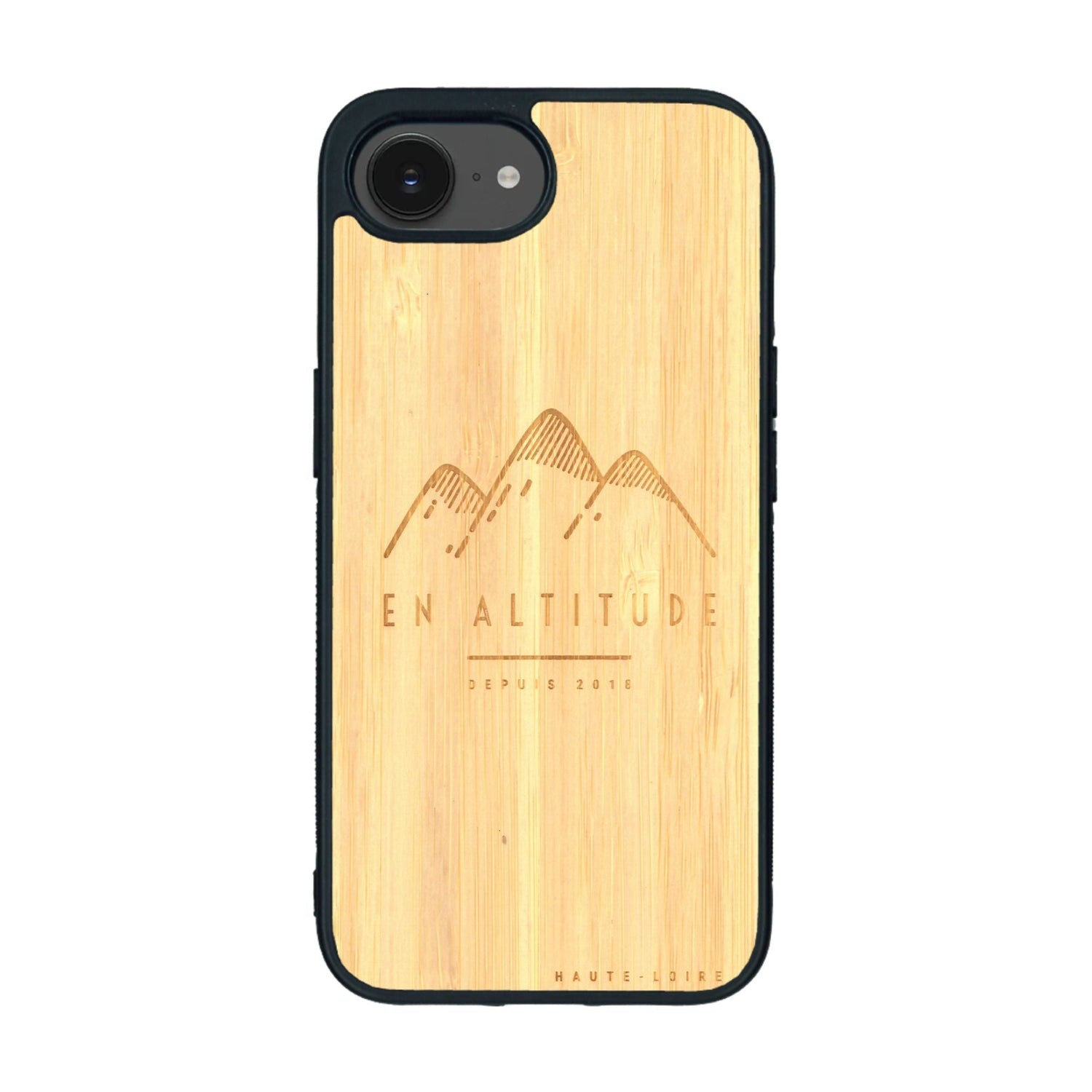 Coque de protection en bois véritable fabriquée en France pour iPhone 16e représentant des montagnes, sur le thème de la randonnée en pleine nature et du trail