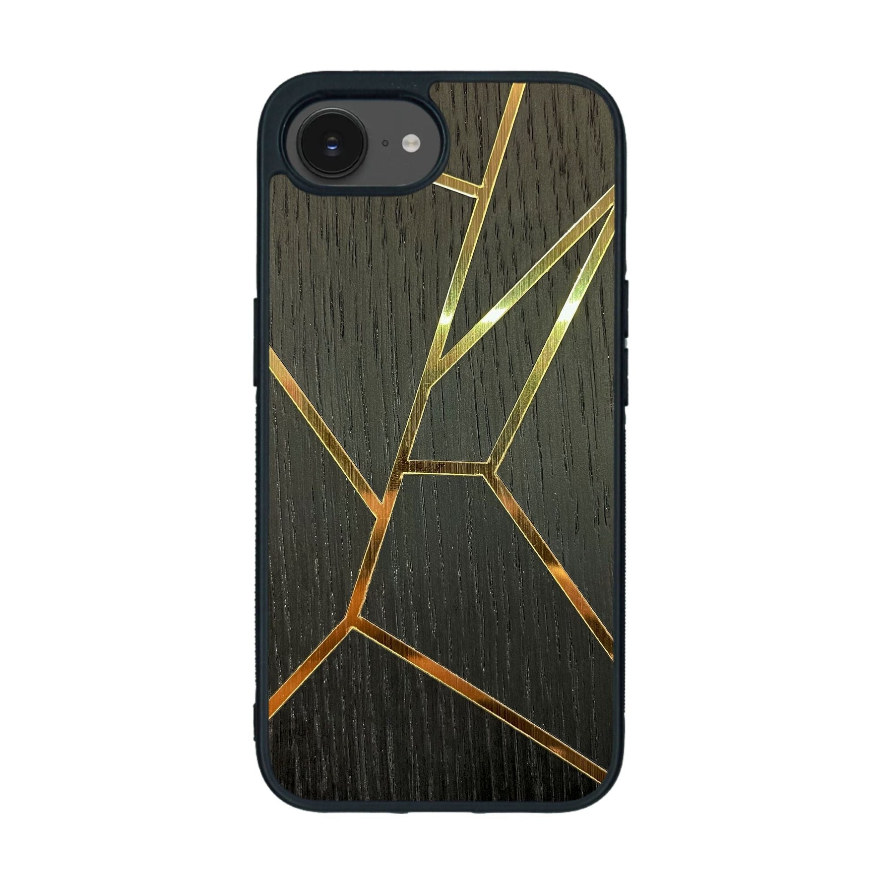 Coque de protection en bois véritable fabriquée en France pour iPhone 16e alliant plusieurs essences de bois pour représenter des fragments design
