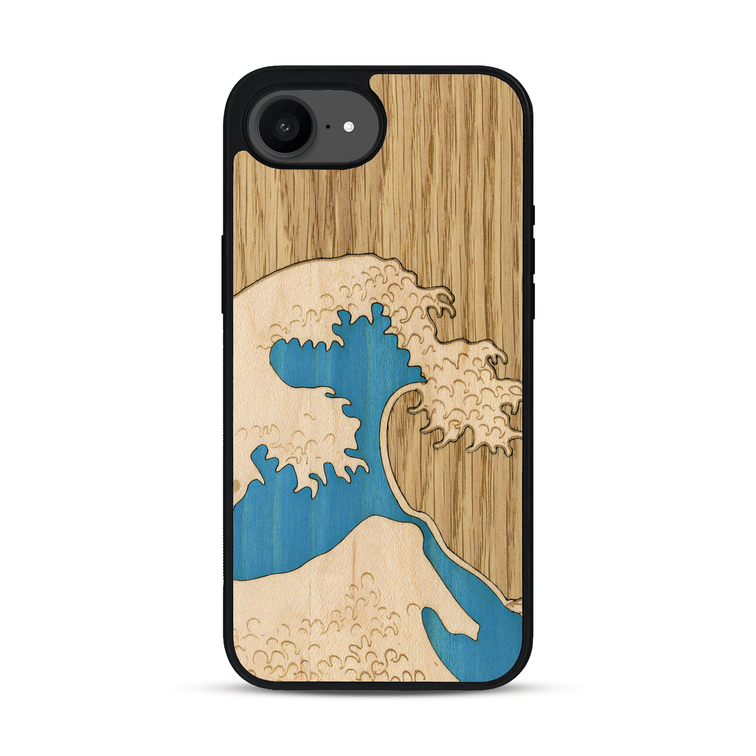 Coque de protection en bois véritable fabriquée en France pour  alliant plusieurs essences de bois pour représenter la célèbre grande vague de Kanagawa