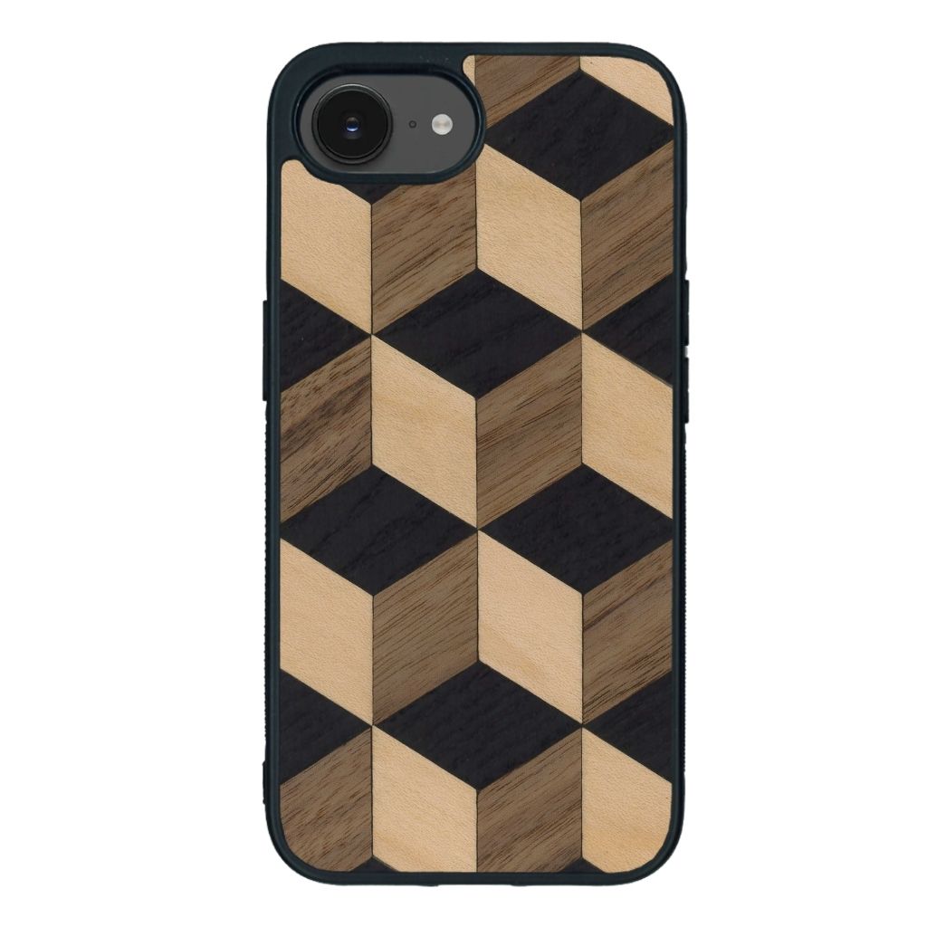 Coque de protection en bois véritable fabriquée en France pour iPhone 16e alliant plusieurs essences de bois pour représenter un classique intemporel de la marqueterie