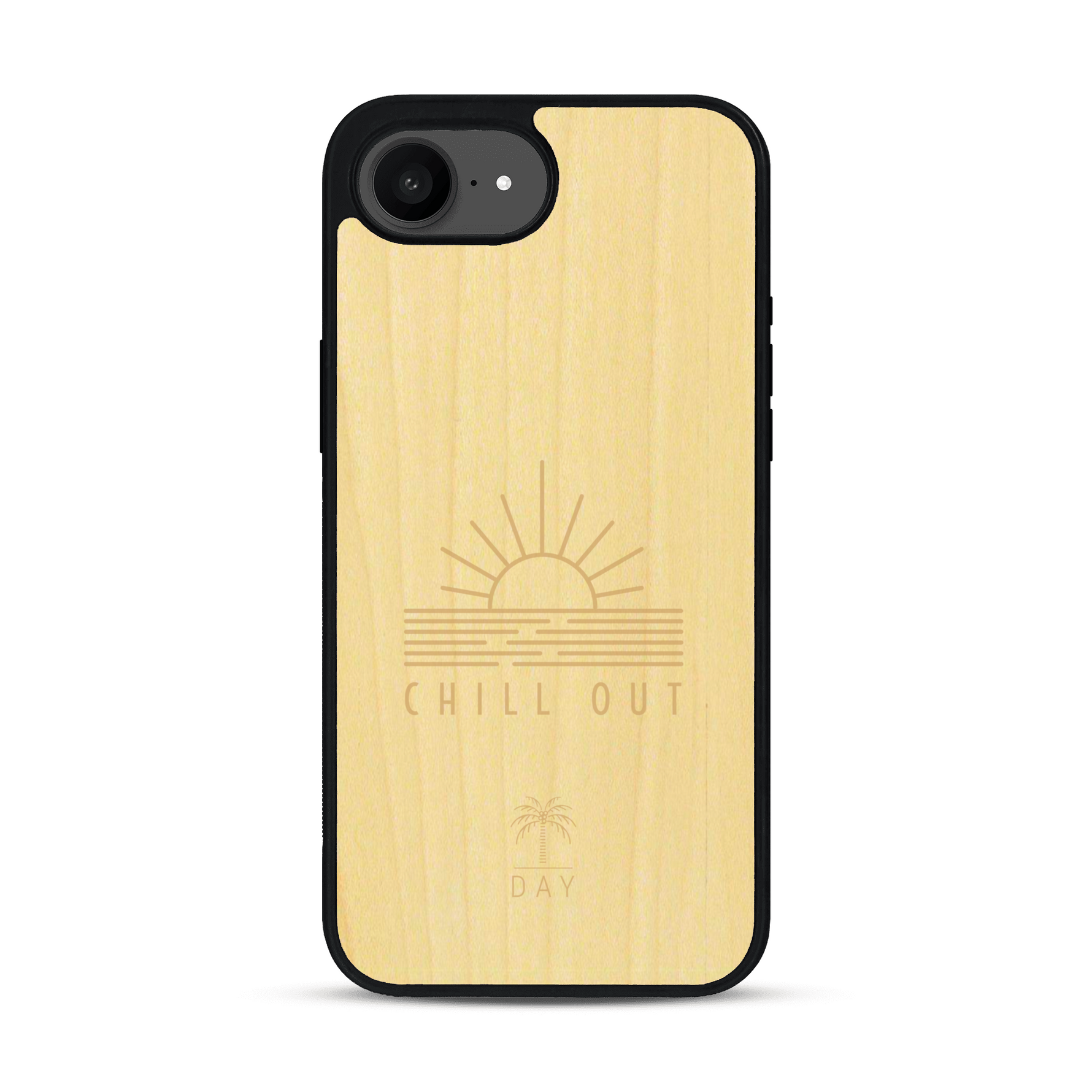 Coque de protection en bois véritable fabriquée en France pour  sur le thème chill avec un motif représentant un couché de soleil sur l'océan et la phrase "Chill out"