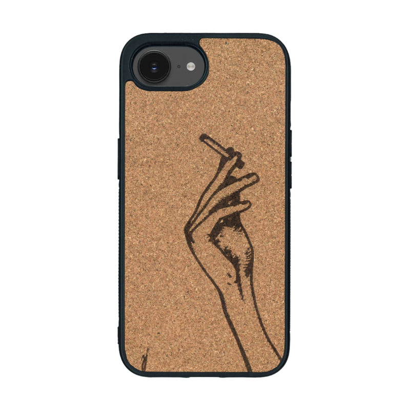 Coque de protection en bois véritable fabriquée en France pour iPhone 16e représentant une main de femme tenant une cigarette de type line art en collaboration avec l'artiste Maud Dabs