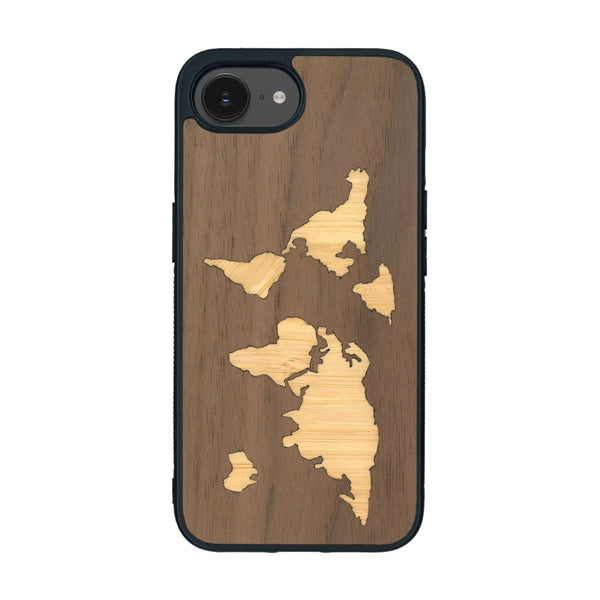 Coque de protection en bois véritable fabriquée en France pour iPhone 16e alliant du bambou et du noyer sur le thème du voyage et de l'aventure représentant une mappemonde