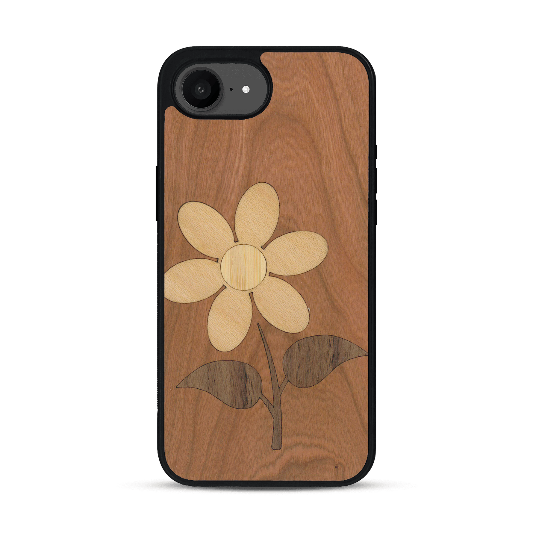 Coque de protection en bois véritable fabriquée en France pour  alliant plusieurs essences de bois pour représenter une marguerite