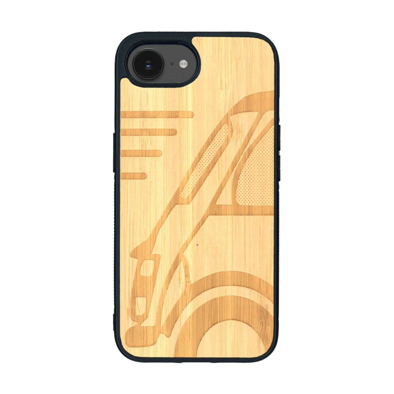 Coque de protection en bois véritable fabriquée en France pour iPhone 16e sur le thème de l'automobile avec une authentique Mini Cooper
