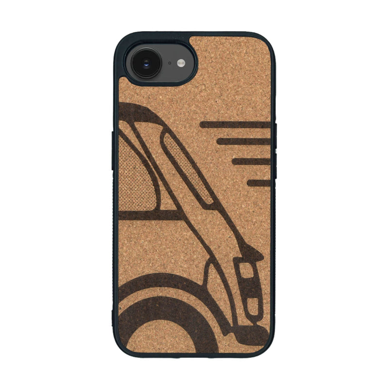 Coque de protection en bois véritable fabriquée en France pour iPhone 16e sur le thème de l'automobile avec une authentique Mini Cooper
