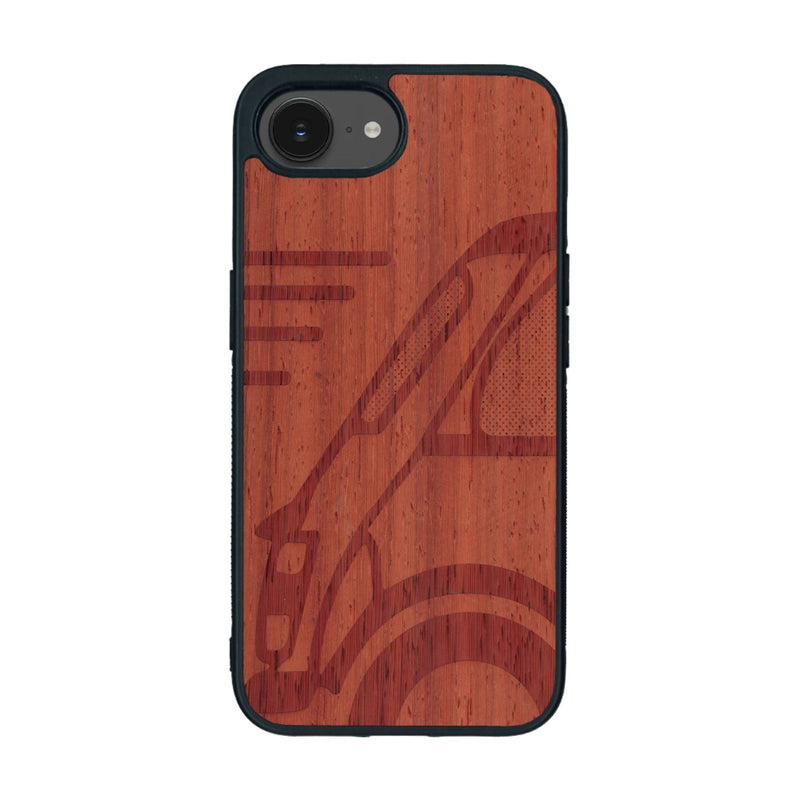 Coque de protection en bois véritable fabriquée en France pour iPhone 16e sur le thème de l'automobile avec une authentique Mini Cooper