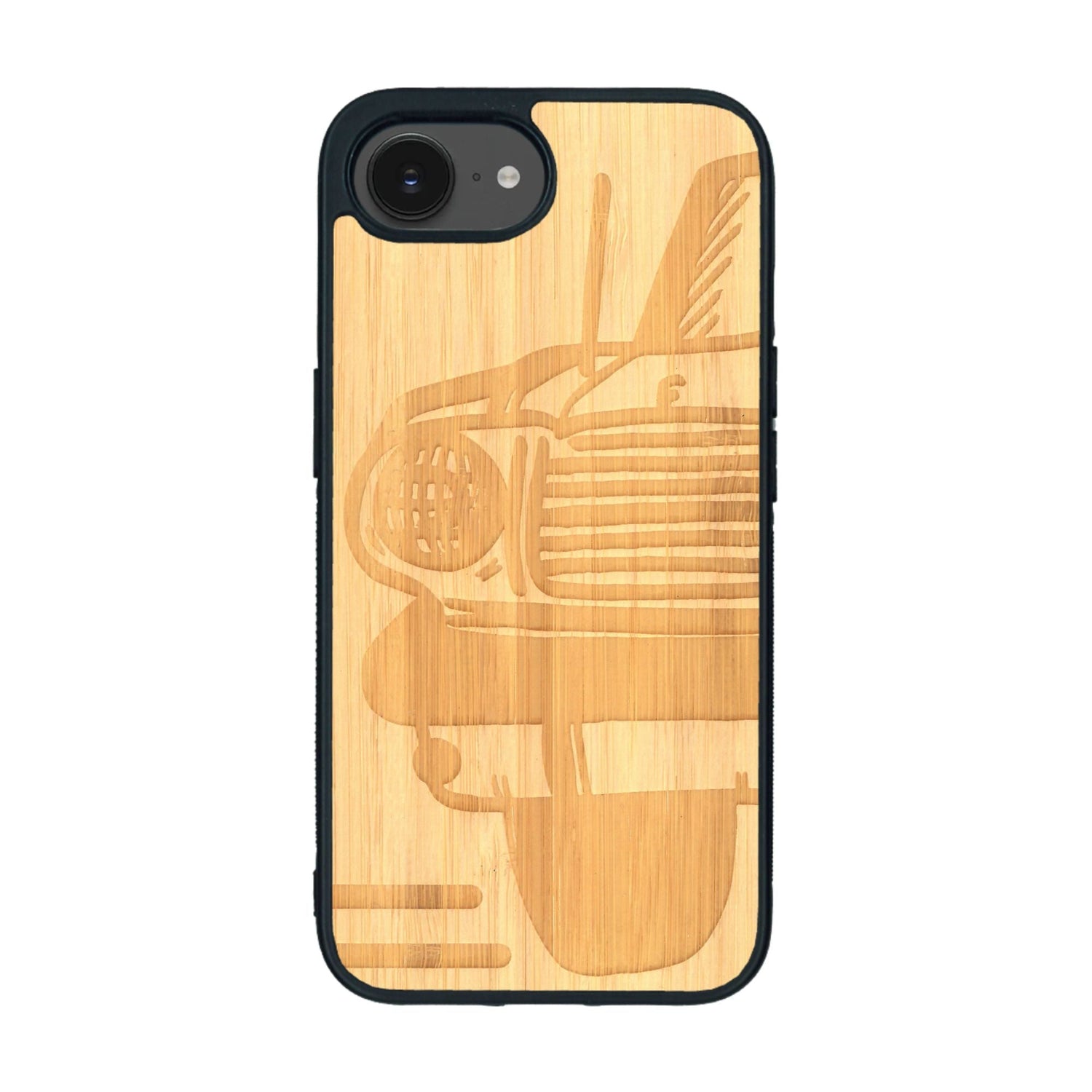 Coque de protection en bois véritable fabriquée en France pour iPhone 16e sur le thème de l'automobile avec une authentique Mustang
