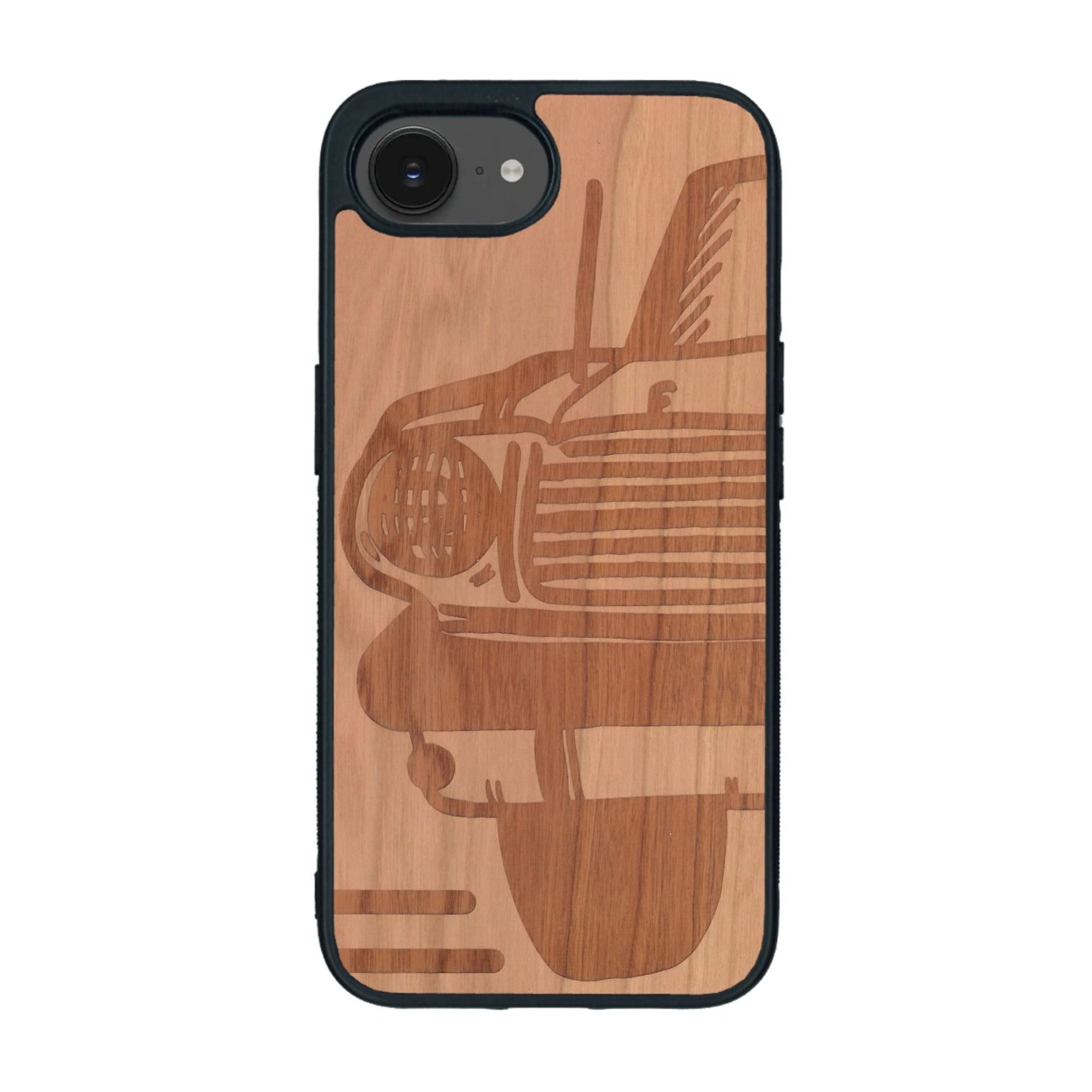 Coque de protection en bois véritable fabriquée en France pour iPhone 16e sur le thème de l'automobile avec une authentique Mustang
