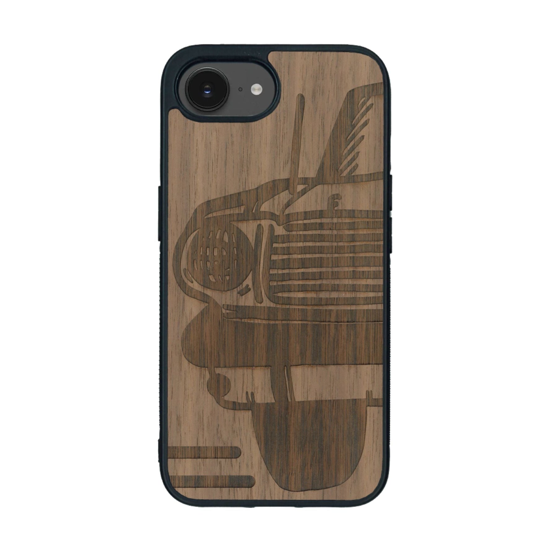 Coque de protection en bois véritable fabriquée en France pour iPhone 16e sur le thème de l'automobile avec une authentique Mustang