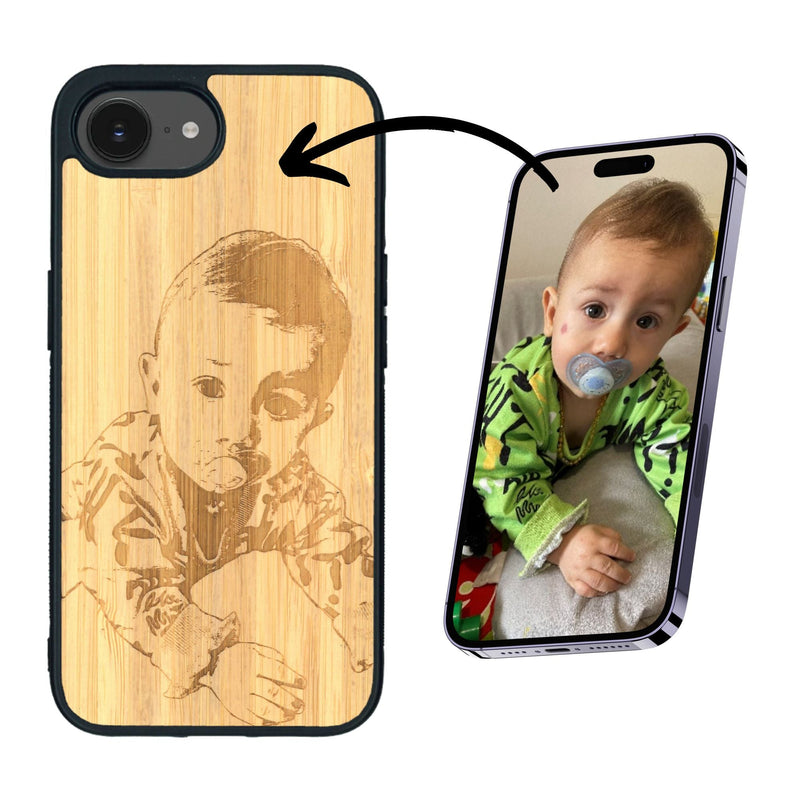 Coque de protection en bois véritable fabriquée en France pour iPhone 16e avec gravure personnalisée à partir d'une photo, d'une image, d'un logo, des initials ou d'une phrase