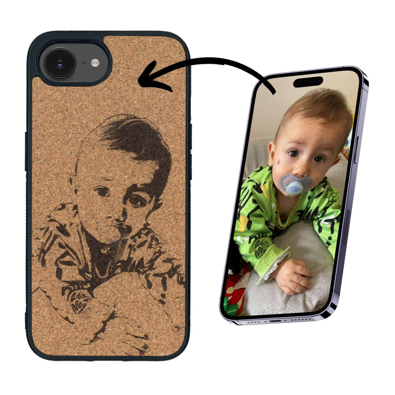 Coque de protection en bois véritable fabriquée en France pour iPhone 16e avec gravure personnalisée à partir d'une photo, d'une image, d'un logo, des initials ou d'une phrase