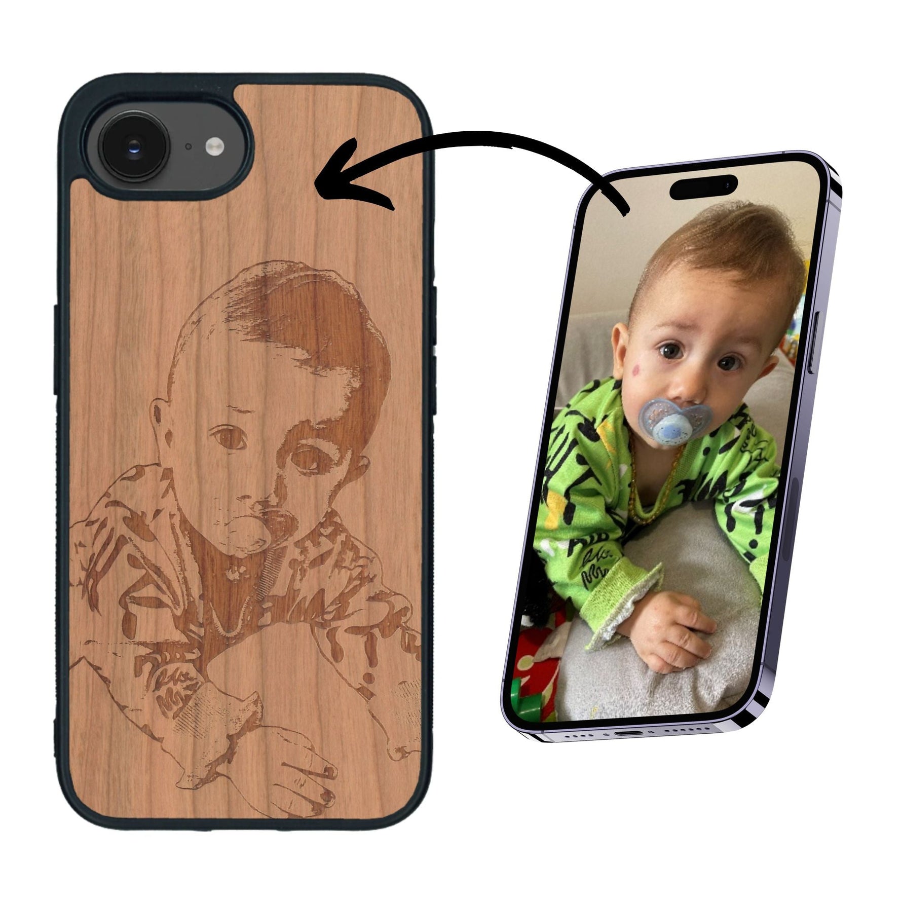 Coque de protection en bois véritable fabriquée en France pour iPhone 16e avec gravure personnalisée à partir d'une photo, d'une image, d'un logo, des initials ou d'une phrase