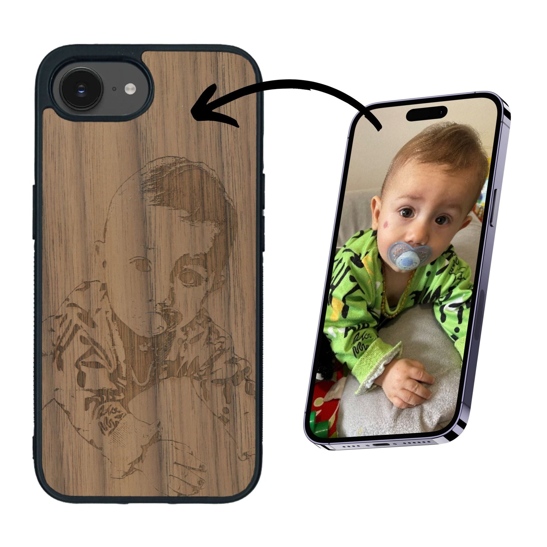 Coque de protection en bois véritable fabriquée en France pour iPhone 16e avec gravure personnalisée à partir d'une photo, d'une image, d'un logo, des initials ou d'une phrase