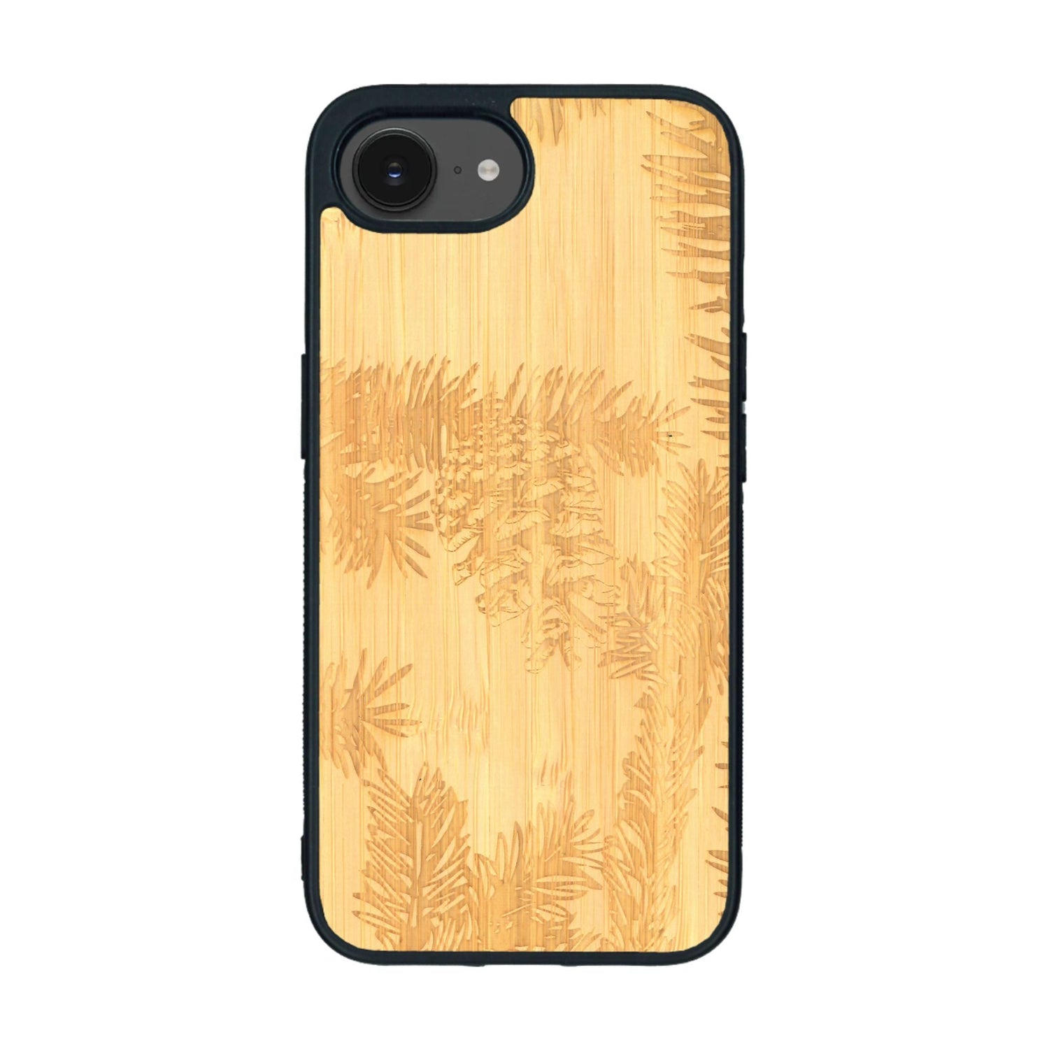 Coque de protection en bois véritable fabriquée en France pour iPhone 16e sur le thème de la nature des arbres avec un motif de gravure représentant des épines de sapin et des pommes de pin