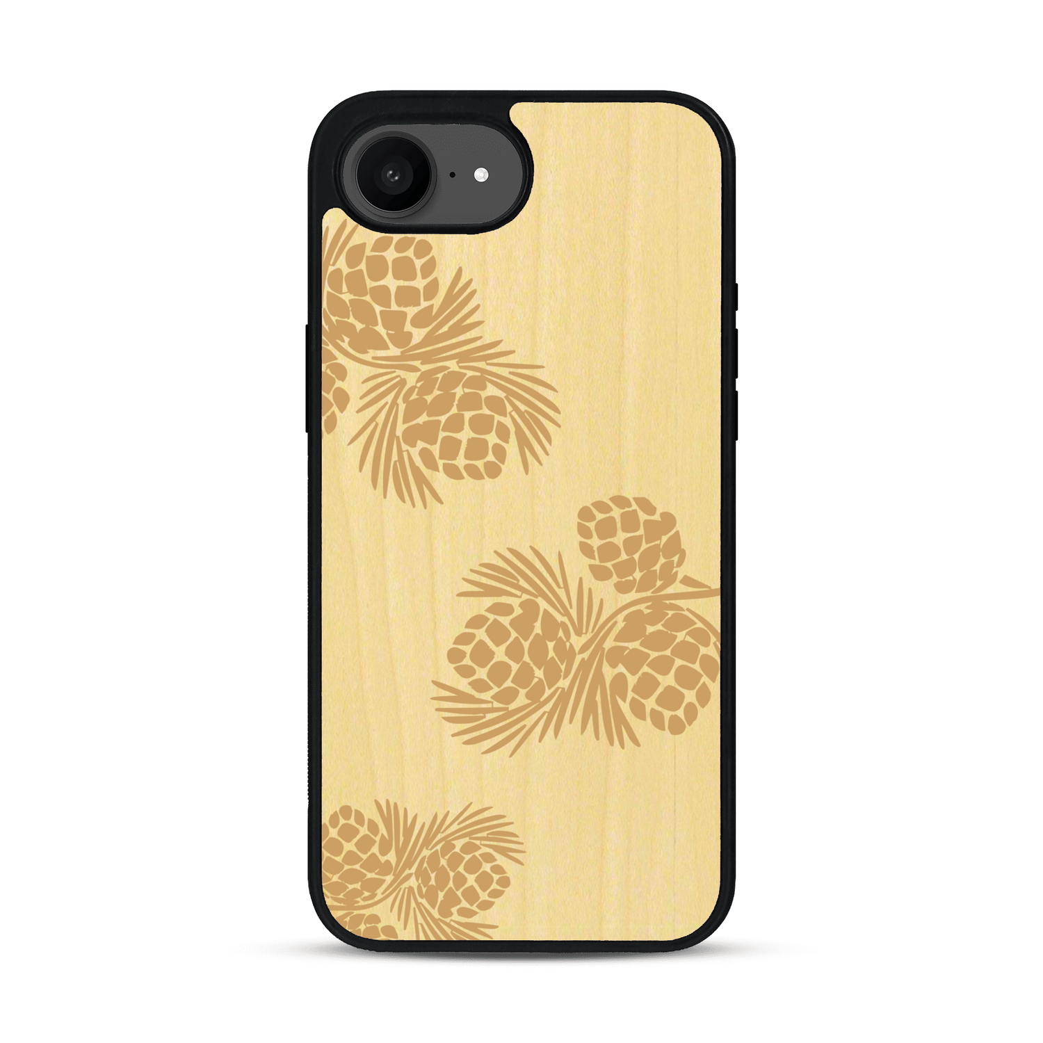 Coque de protection en bois véritable fabriquée en France pour  sur le thème de la nature des arbres avec un motif de gravure représentant des épines de sapin et des pommes de pin