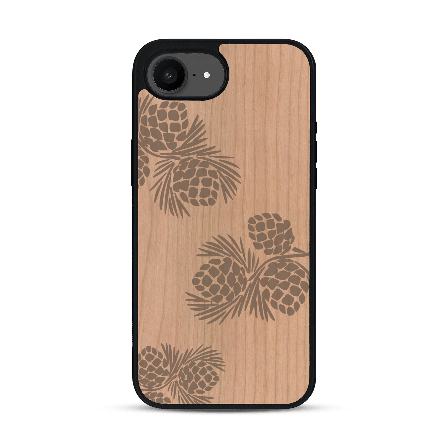 Coque de protection en bois véritable fabriquée en France pour  sur le thème de la nature des arbres avec un motif de gravure représentant des épines de sapin et des pommes de pin