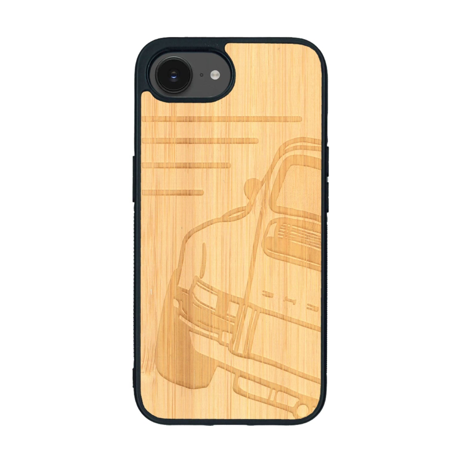 Coque de protection en bois véritable fabriquée en France pour iPhone 16e sur le thème de l'automobile avec une authentique Porsche