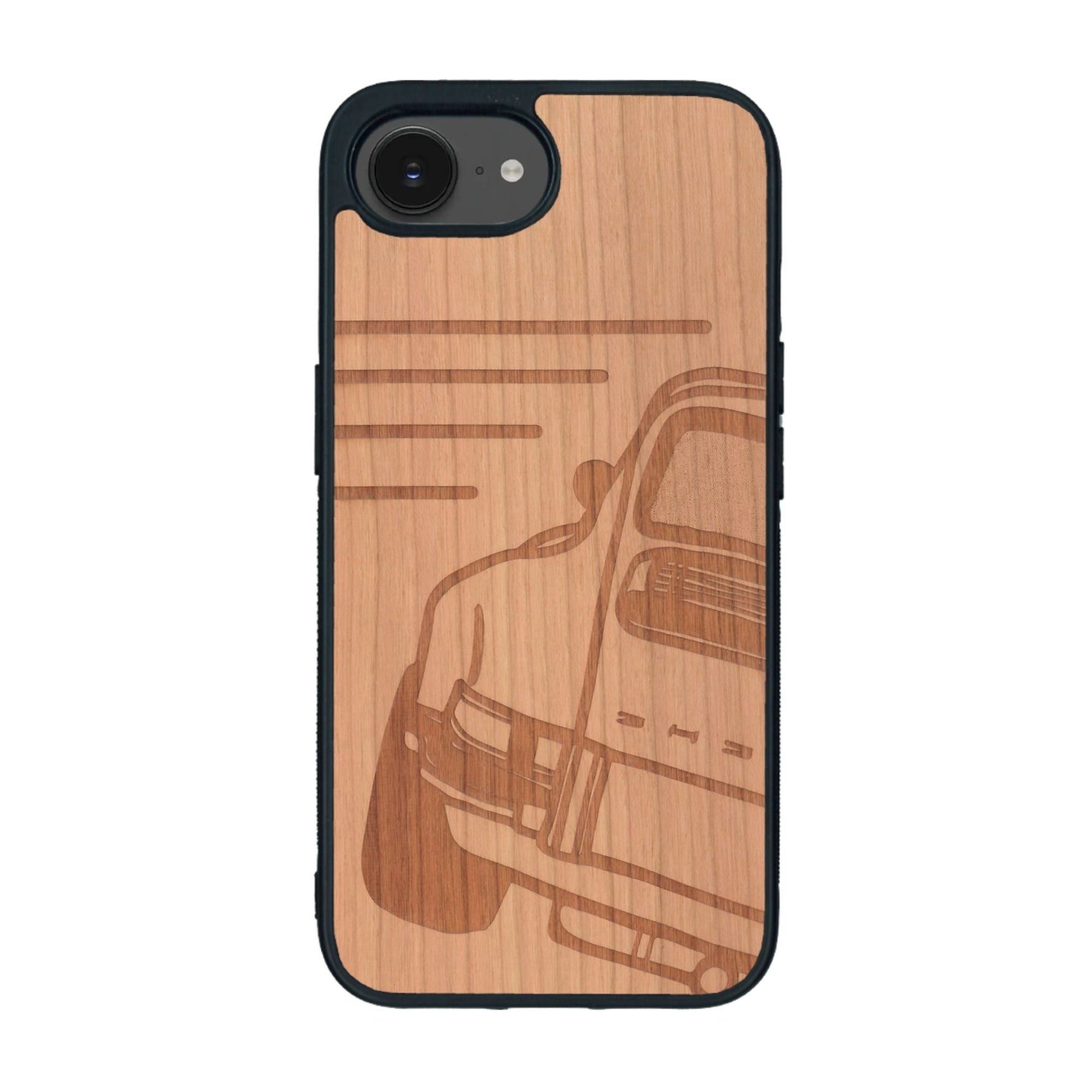 Coque de protection en bois véritable fabriquée en France pour iPhone 16e sur le thème de l'automobile avec une authentique Porsche