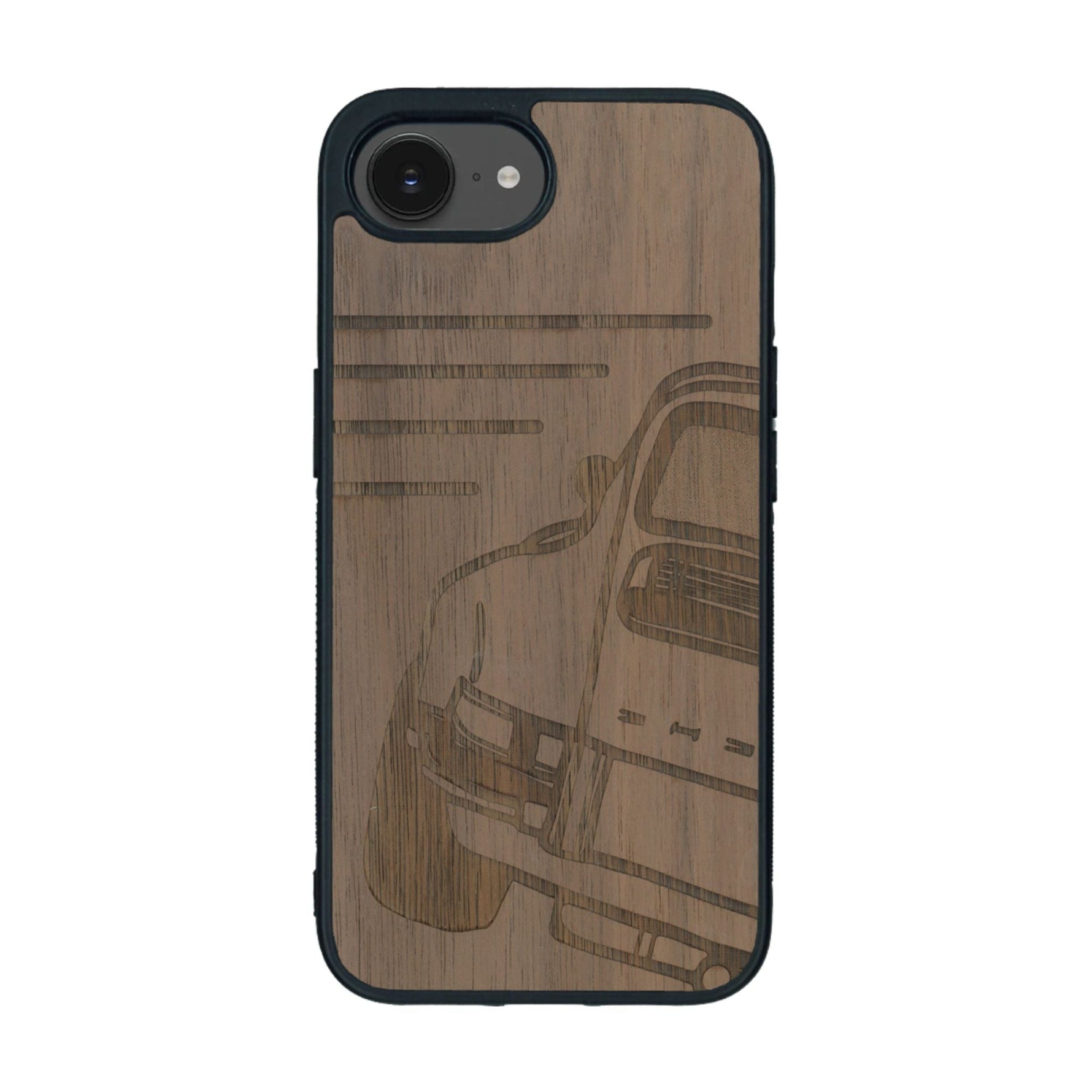 Coque de protection en bois véritable fabriquée en France pour iPhone 16e sur le thème de l'automobile avec une authentique Porsche