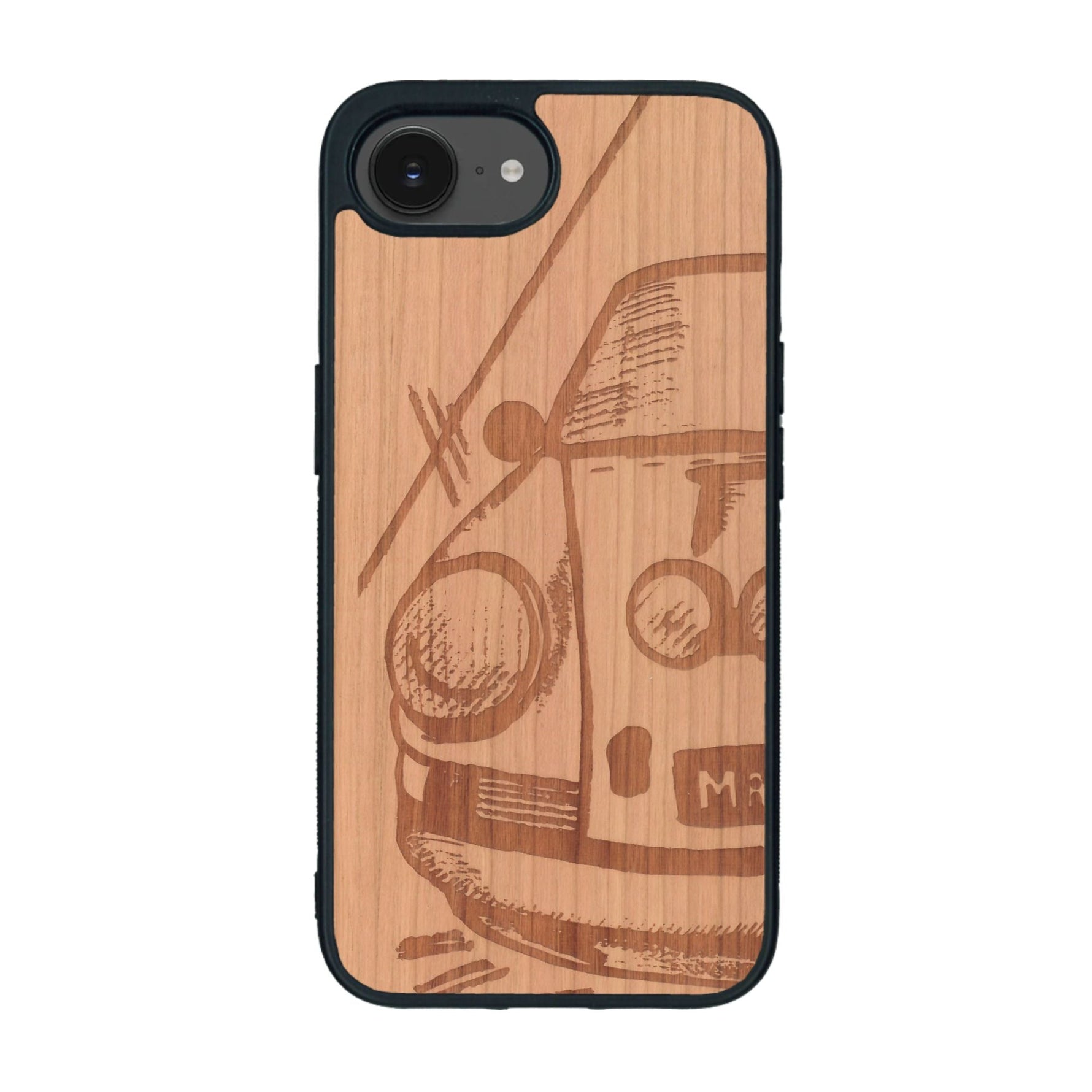 Coque de protection en bois véritable fabriquée en France pour iPhone 16e sur le thème de l'automobile avec une authentique Porsche