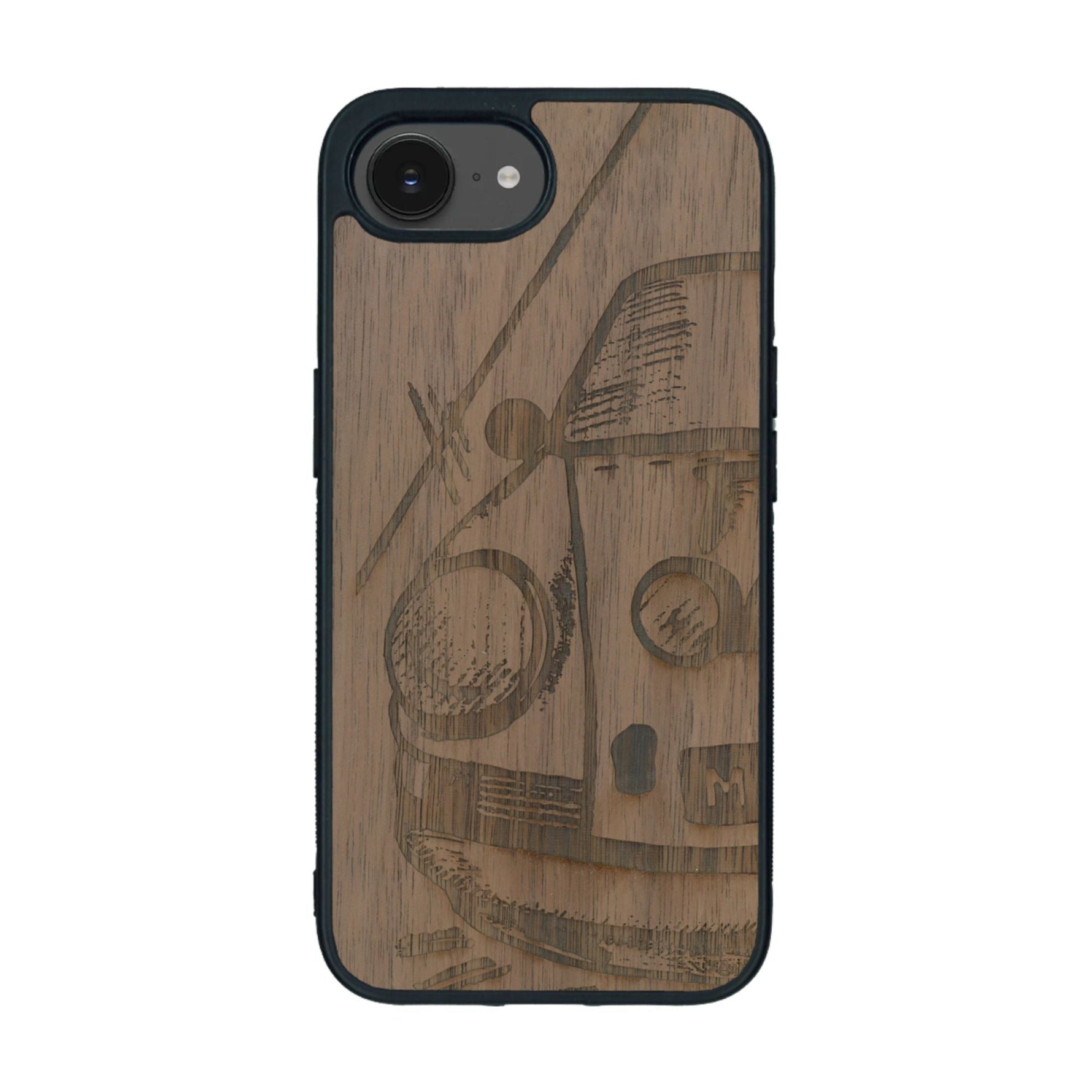 Coque de protection en bois véritable fabriquée en France pour iPhone 16e sur le thème de l'automobile avec une authentique Porsche