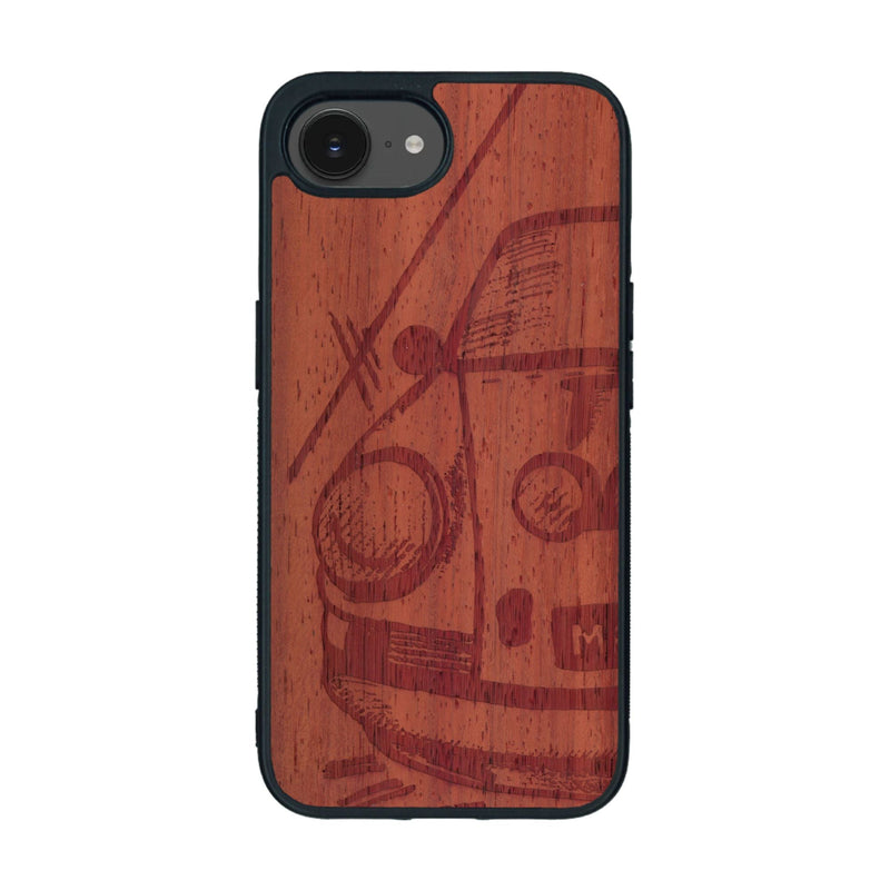 Coque de protection en bois véritable fabriquée en France pour iPhone 16e sur le thème de l'automobile avec une authentique Porsche