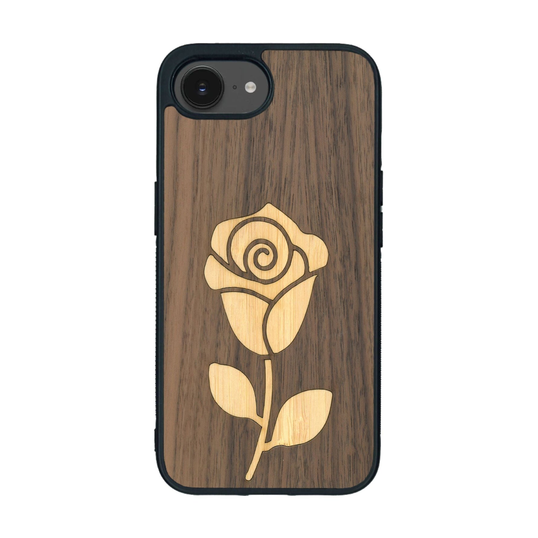 Coque de protection en bois véritable fabriquée en France pour iPhone 16e alliant plusieurs essences de bois pour représenter une rose