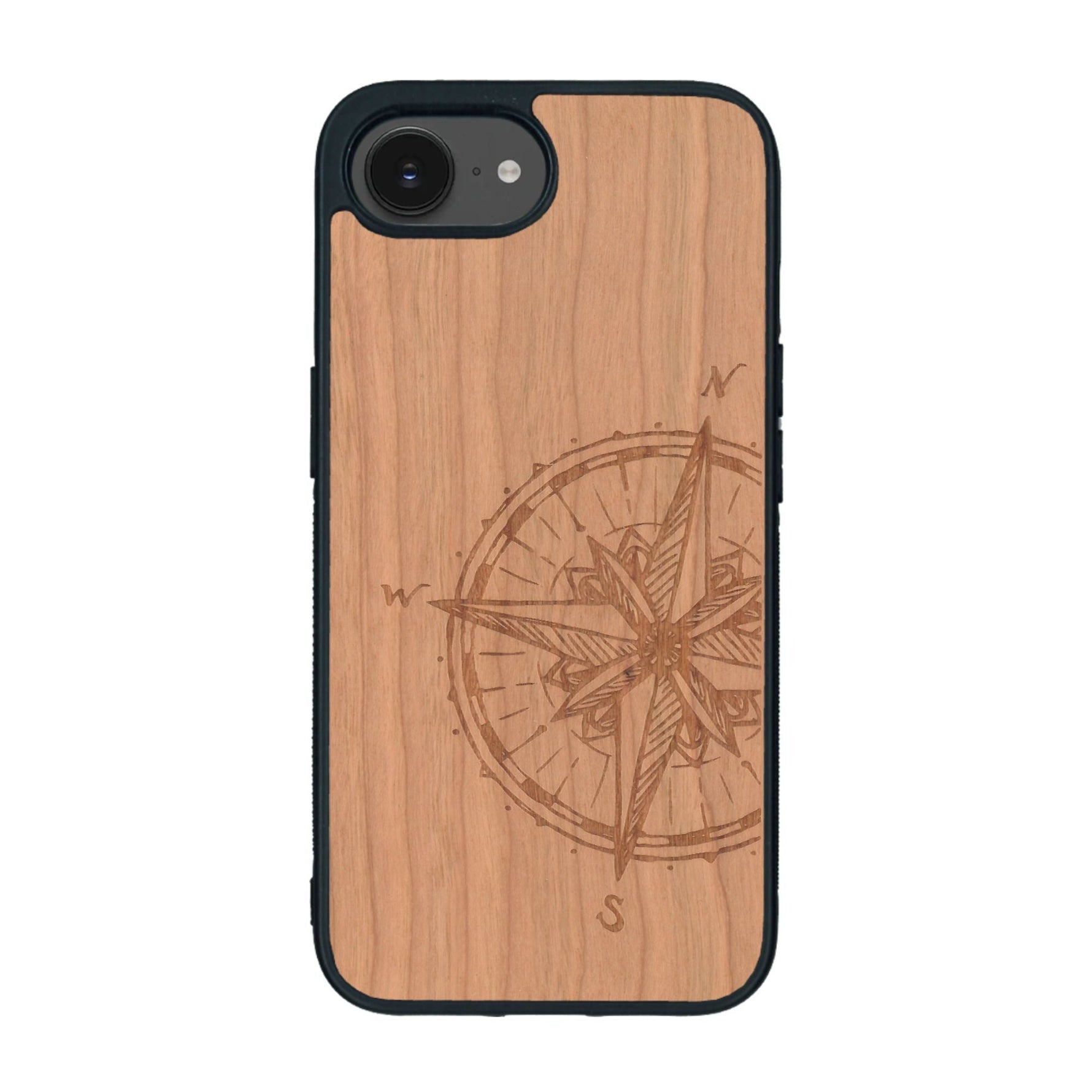 Coque de protection en bois véritable fabriquée en France pour iPhone 16e avec une gravure "rose des vents" sur le thème nautique et de l'océan qui s'inspire des boussoles de pirate