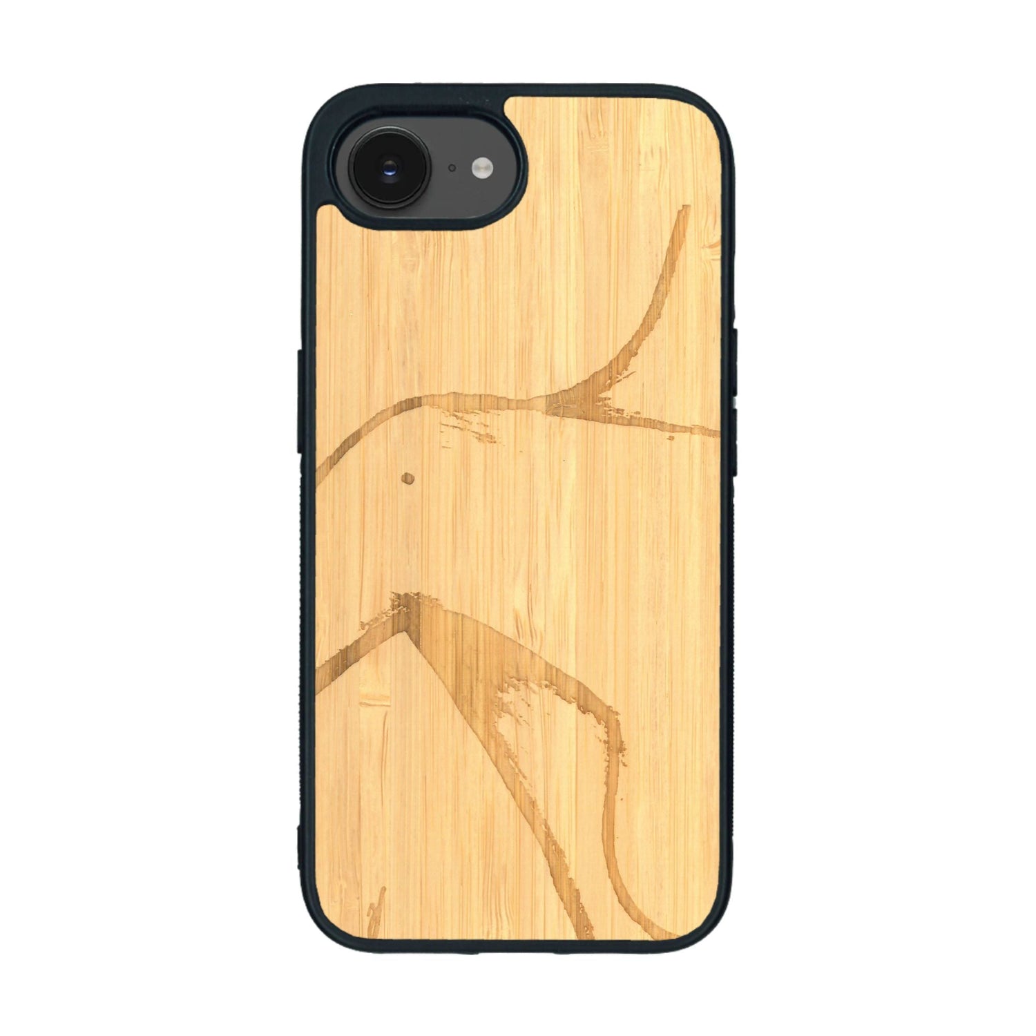 Coque de protection en bois véritable fabriquée en France pour iPhone 16e représentant une silhouette féminine dessinée à la main par l'artiste Maud Dabs