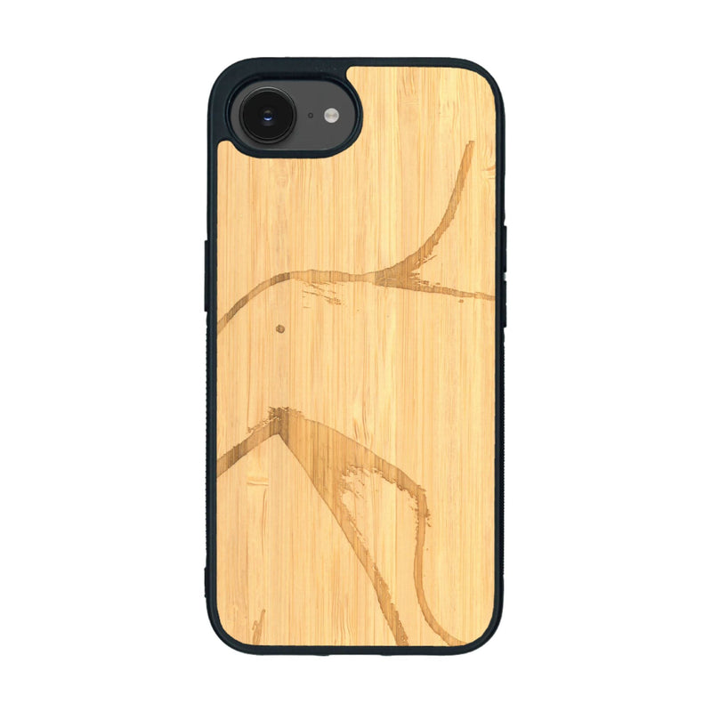 Coque de protection en bois véritable fabriquée en France pour iPhone 16e représentant une silhouette féminine dessinée à la main par l'artiste Maud Dabs