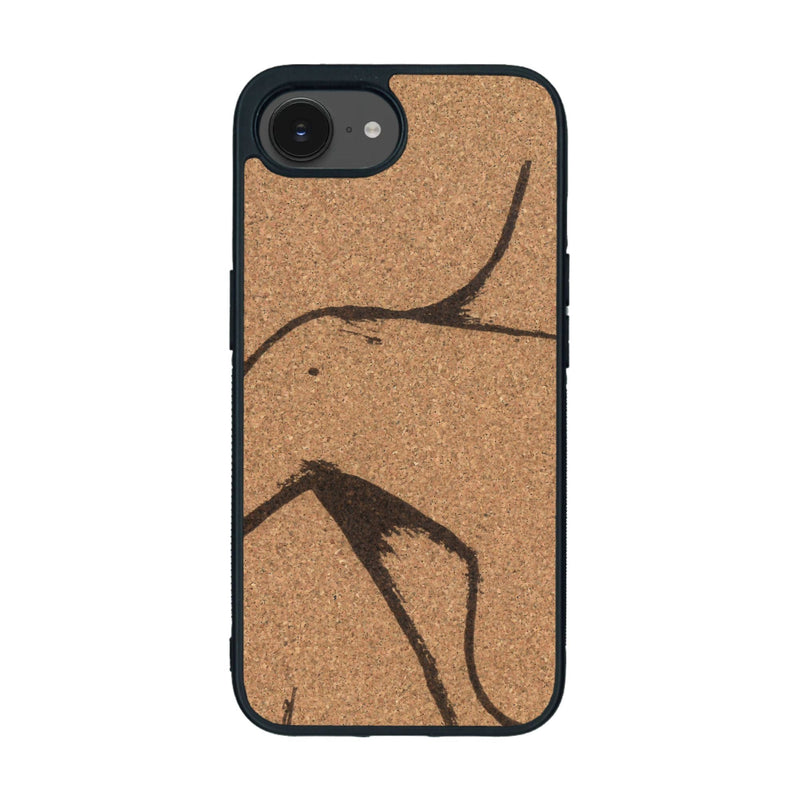 Coque de protection en bois véritable fabriquée en France pour iPhone 16e représentant une silhouette féminine dessinée à la main par l'artiste Maud Dabs