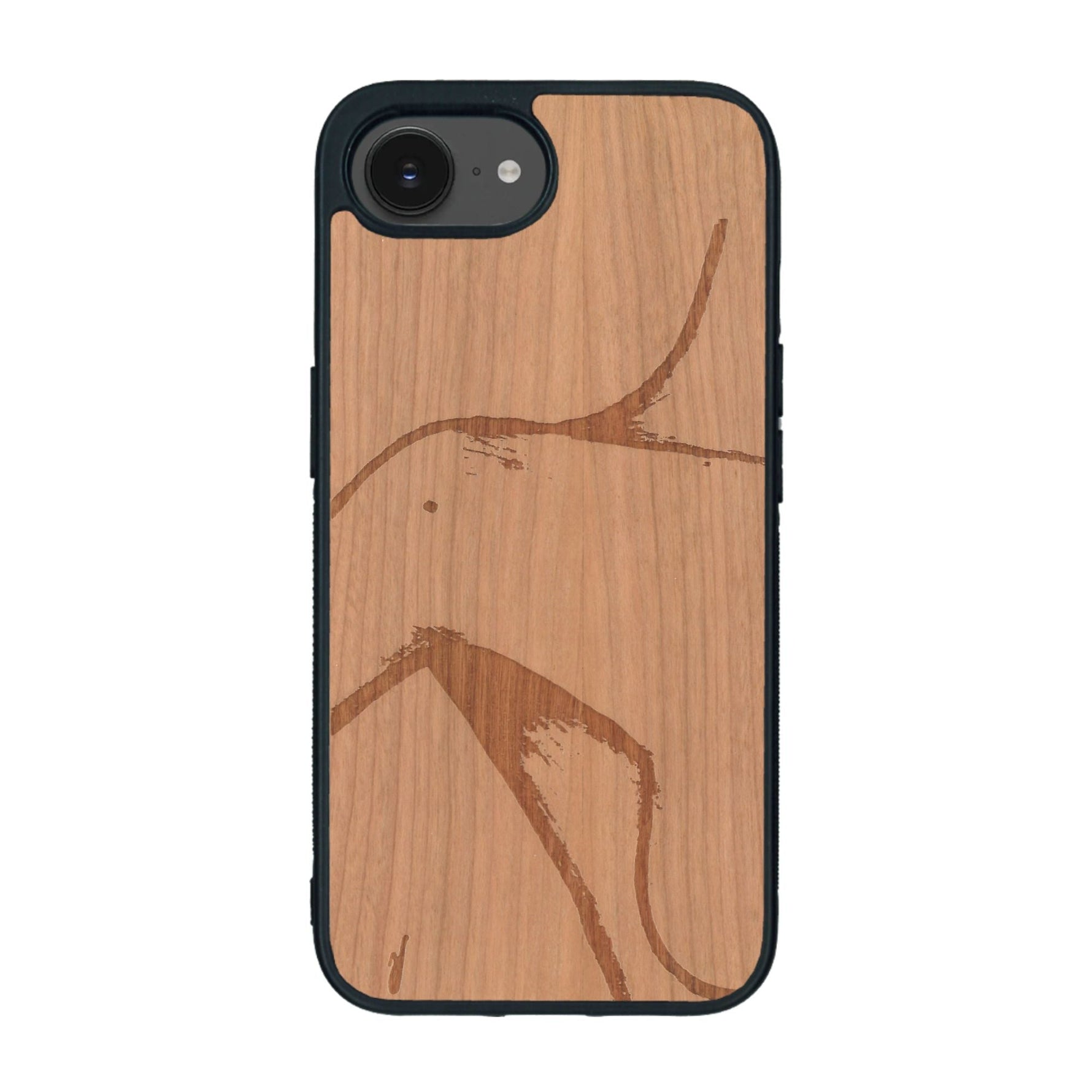 Coque de protection en bois véritable fabriquée en France pour iPhone 16e représentant une silhouette féminine dessinée à la main par l'artiste Maud Dabs