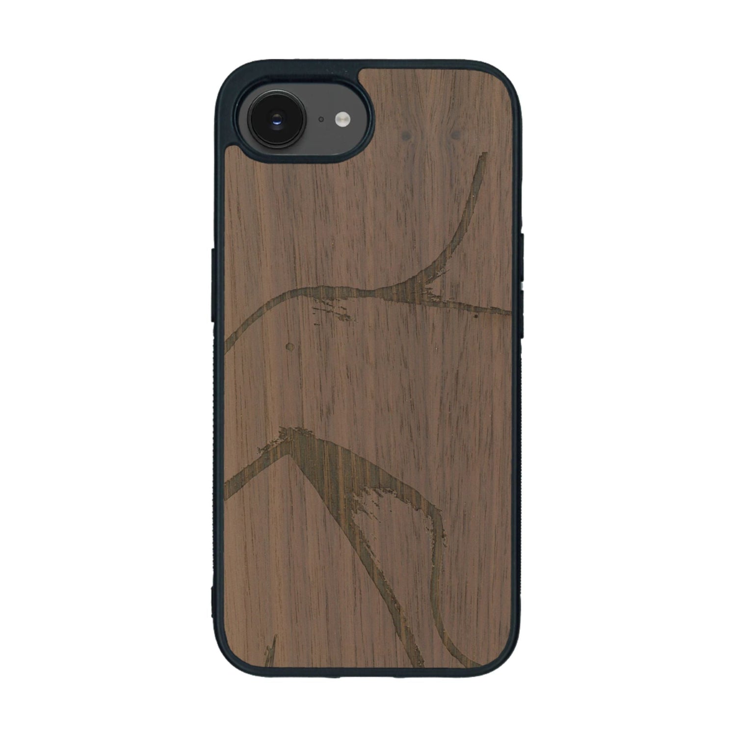 Coque de protection en bois véritable fabriquée en France pour iPhone 16e représentant une silhouette féminine dessinée à la main par l'artiste Maud Dabs