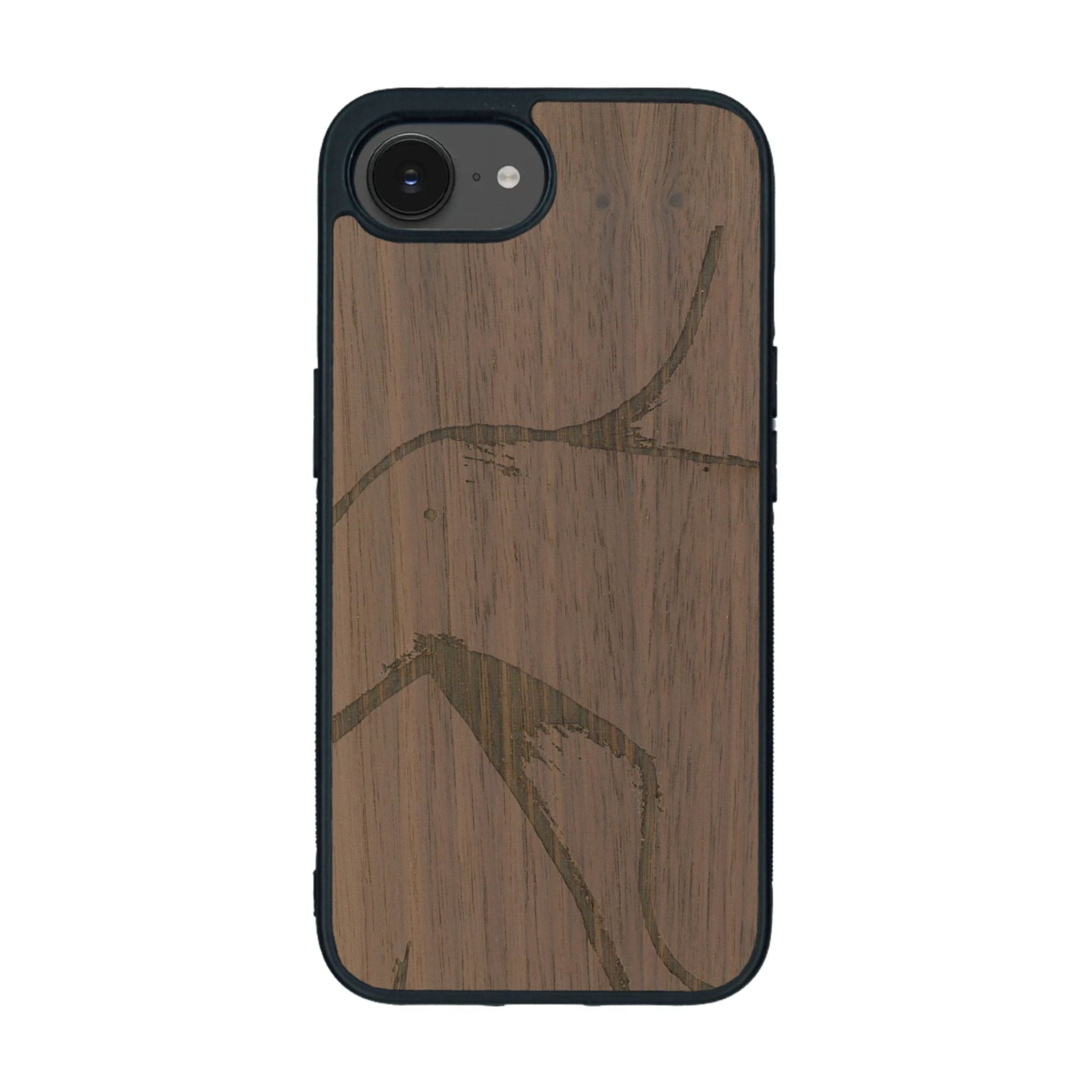 Coque de protection en bois véritable fabriquée en France pour iPhone 16e représentant une silhouette féminine dessinée à la main par l'artiste Maud Dabs