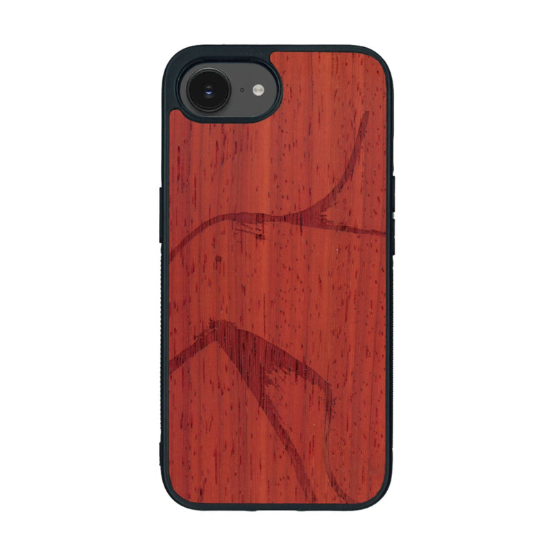 Coque de protection en bois véritable fabriquée en France pour iPhone 16e représentant une silhouette féminine dessinée à la main par l'artiste Maud Dabs