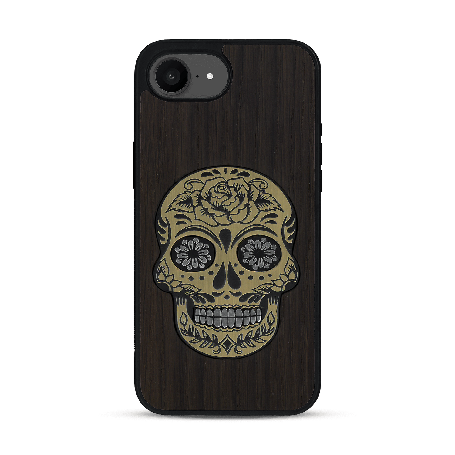 Coque de protection en bois véritable fabriquée en France pour  alliant du chêne fumé avec du métal argenté et doré représentant une tête de mort mexicaine sur le thème Dia de los Muertos