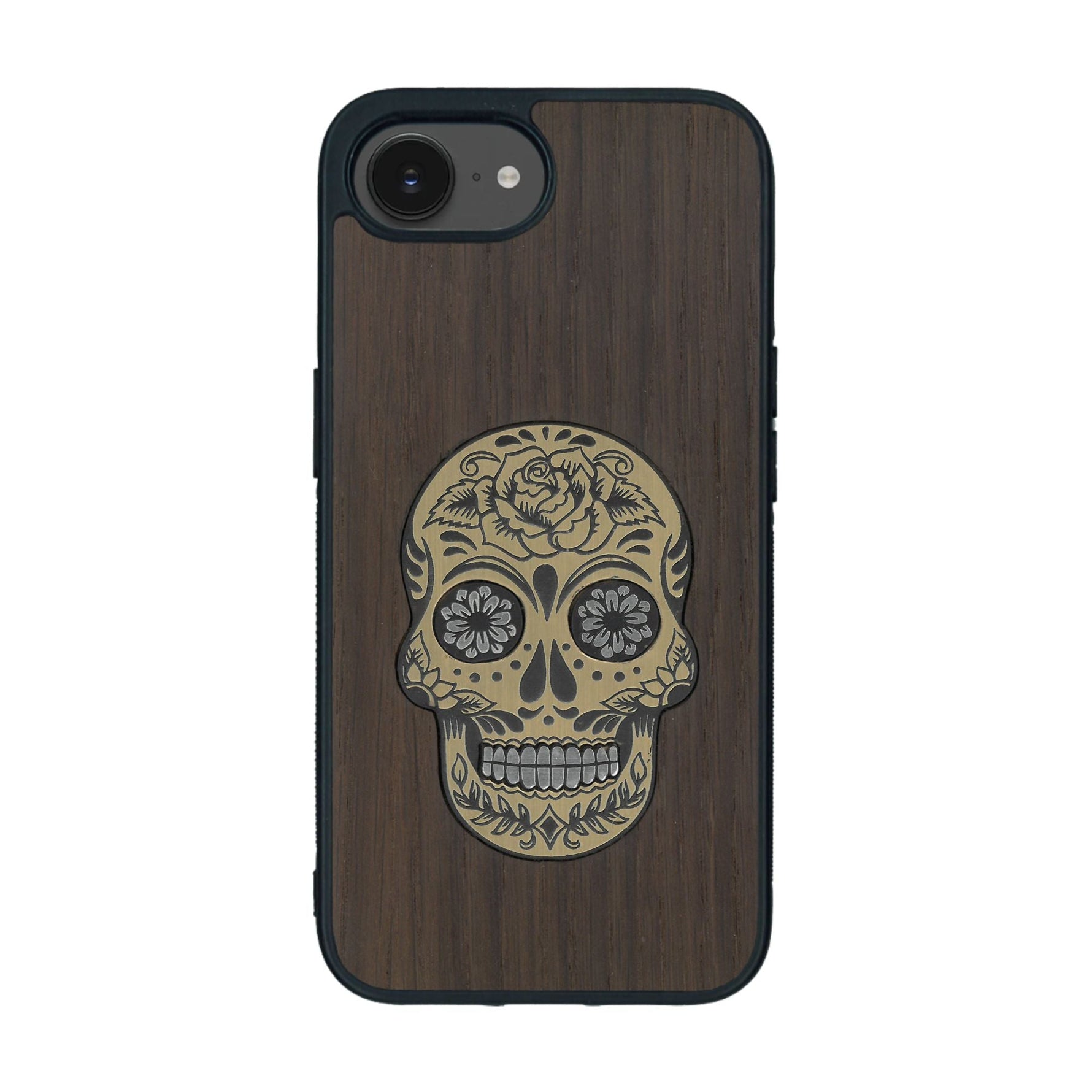 Coque de protection en bois véritable fabriquée en France pour iPhone 16e alliant du chêne fumé avec du métal argenté et doré représentant une tête de mort mexicaine sur le thème Dia de los Muertos