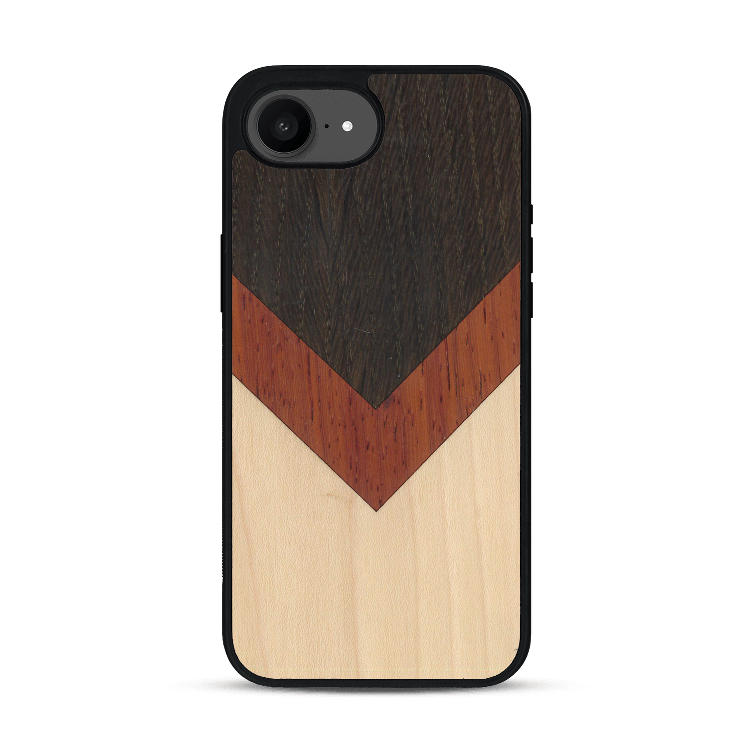 Coque de protection en bois véritable fabriquée en France pour  alliant du chêne fumé, du padouk et du bambou en forme de chevron sur le thème de l'art abstrait