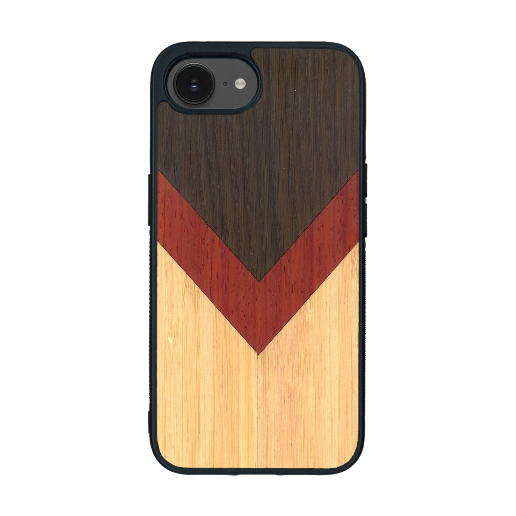 Coque de protection en bois véritable fabriquée en France pour iPhone 16e alliant du chêne fumé, du padouk et du bambou en forme de chevron sur le thème de l'art abstrait
