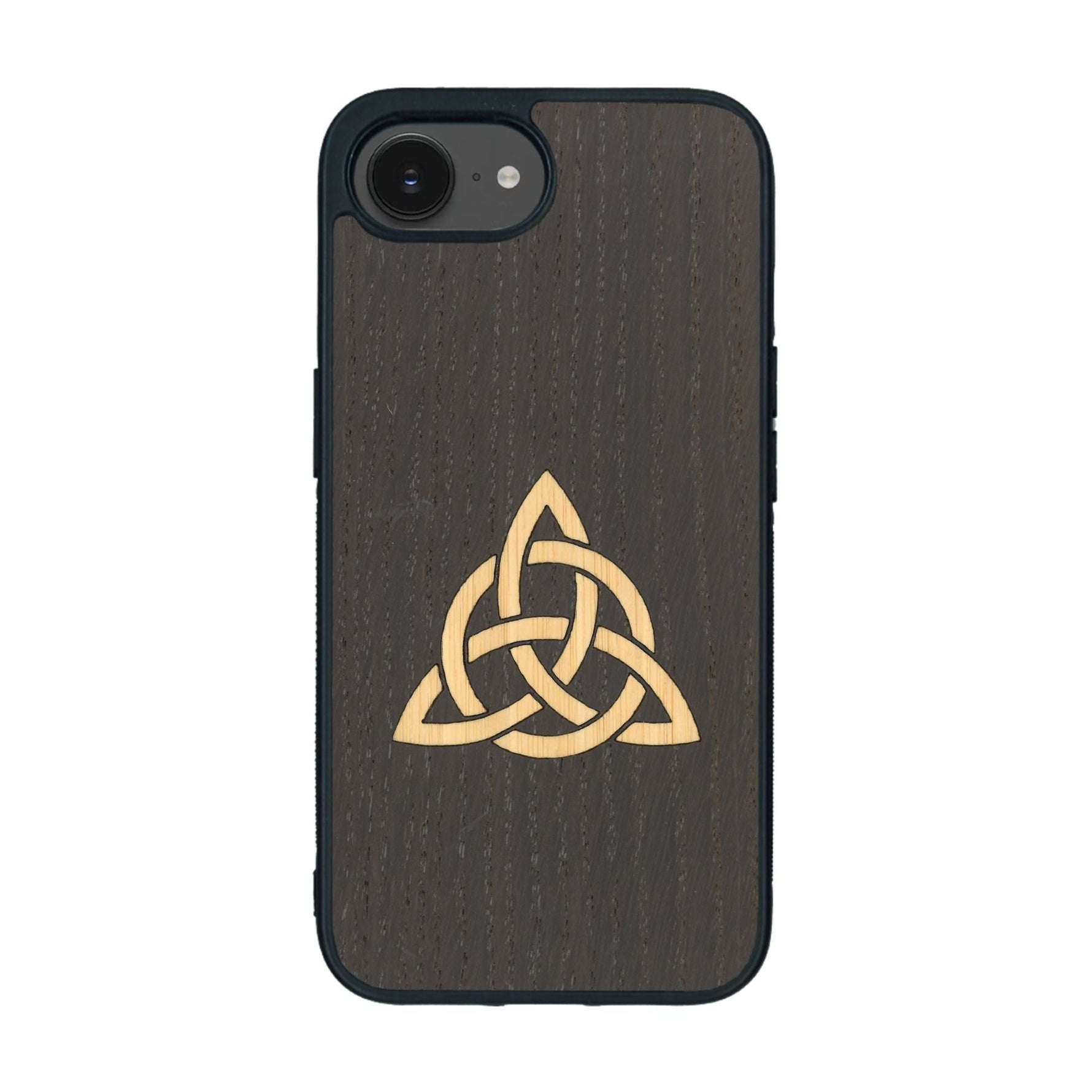 Coque de protection en bois véritable fabriquée en France pour iPhone 16e alliant du chêne fumé et du bambou représentant une triquetra