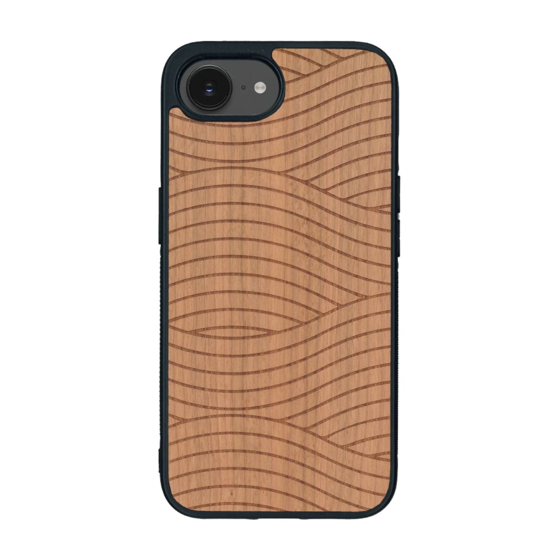 Coque de protection en bois véritable fabriquée en France pour iPhone 16e avec un motif moderne et minimaliste sur le thème waves et wavy représentant les vagues de l'océan