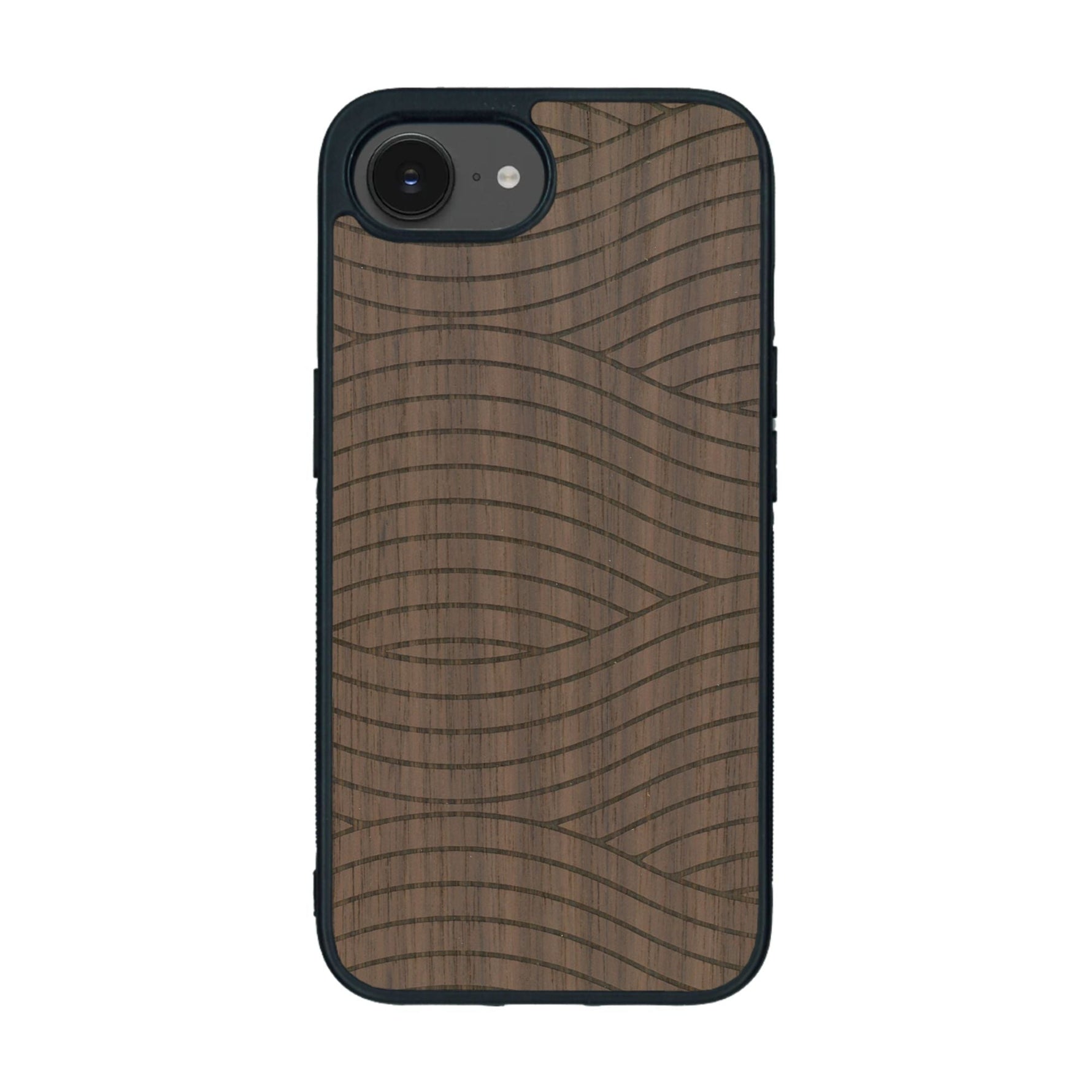 Coque de protection en bois véritable fabriquée en France pour iPhone 16e avec un motif moderne et minimaliste sur le thème waves et wavy représentant les vagues de l'océan