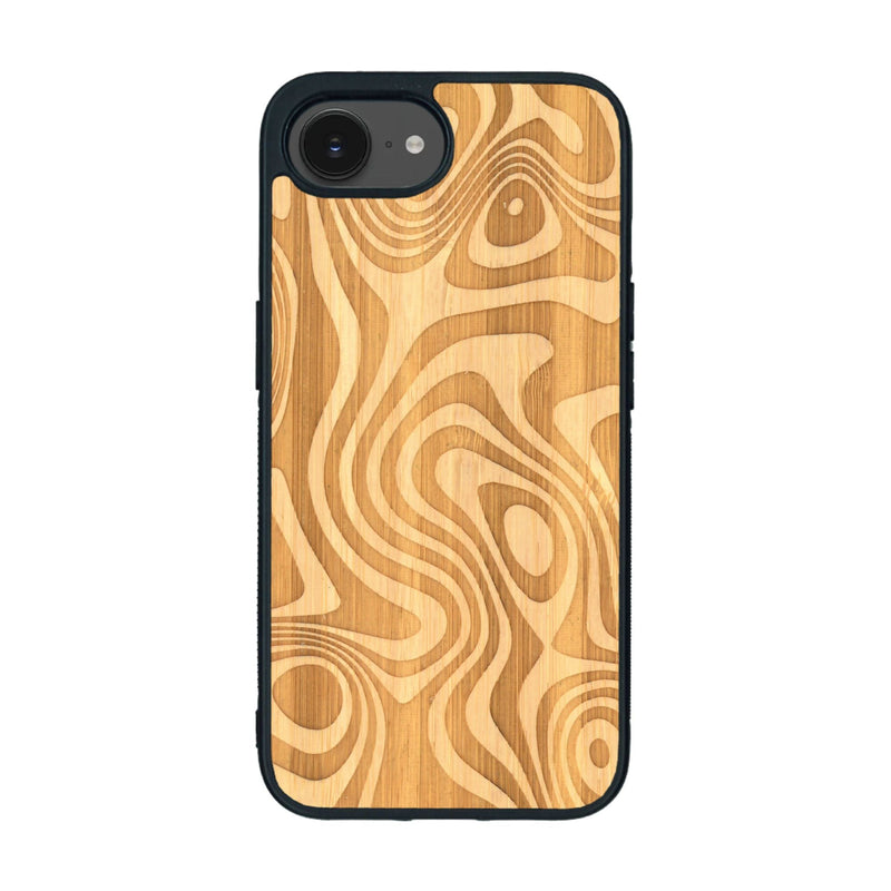 Coque de protection en bois véritable fabriquée en France pour iPhone 16e avec un motif abstrait représentant les mouvements de l'eau