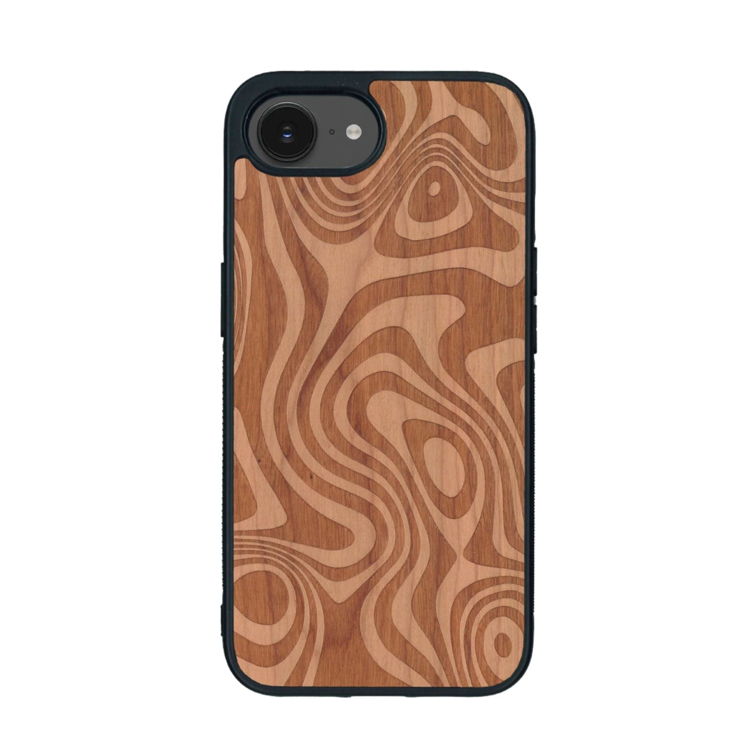 Coque de protection en bois véritable fabriquée en France pour iPhone 16e avec un motif abstrait représentant les mouvements de l'eau