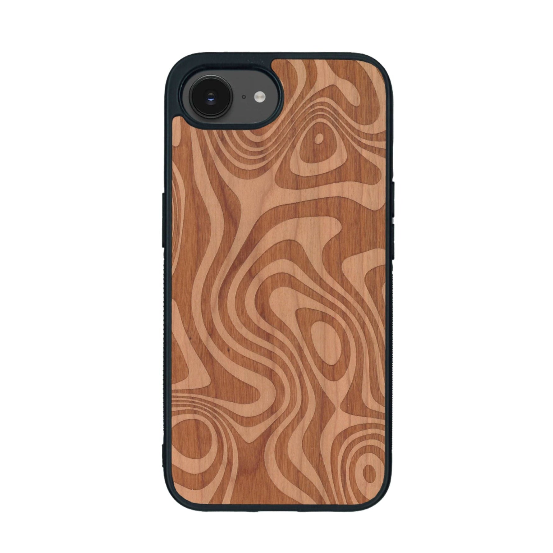 Coque de protection en bois véritable fabriquée en France pour iPhone 16e avec un motif abstrait représentant les mouvements de l'eau