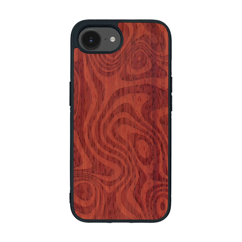 Coque de protection en bois véritable fabriquée en France pour iPhone 16e avec un motif abstrait représentant les mouvements de l'eau